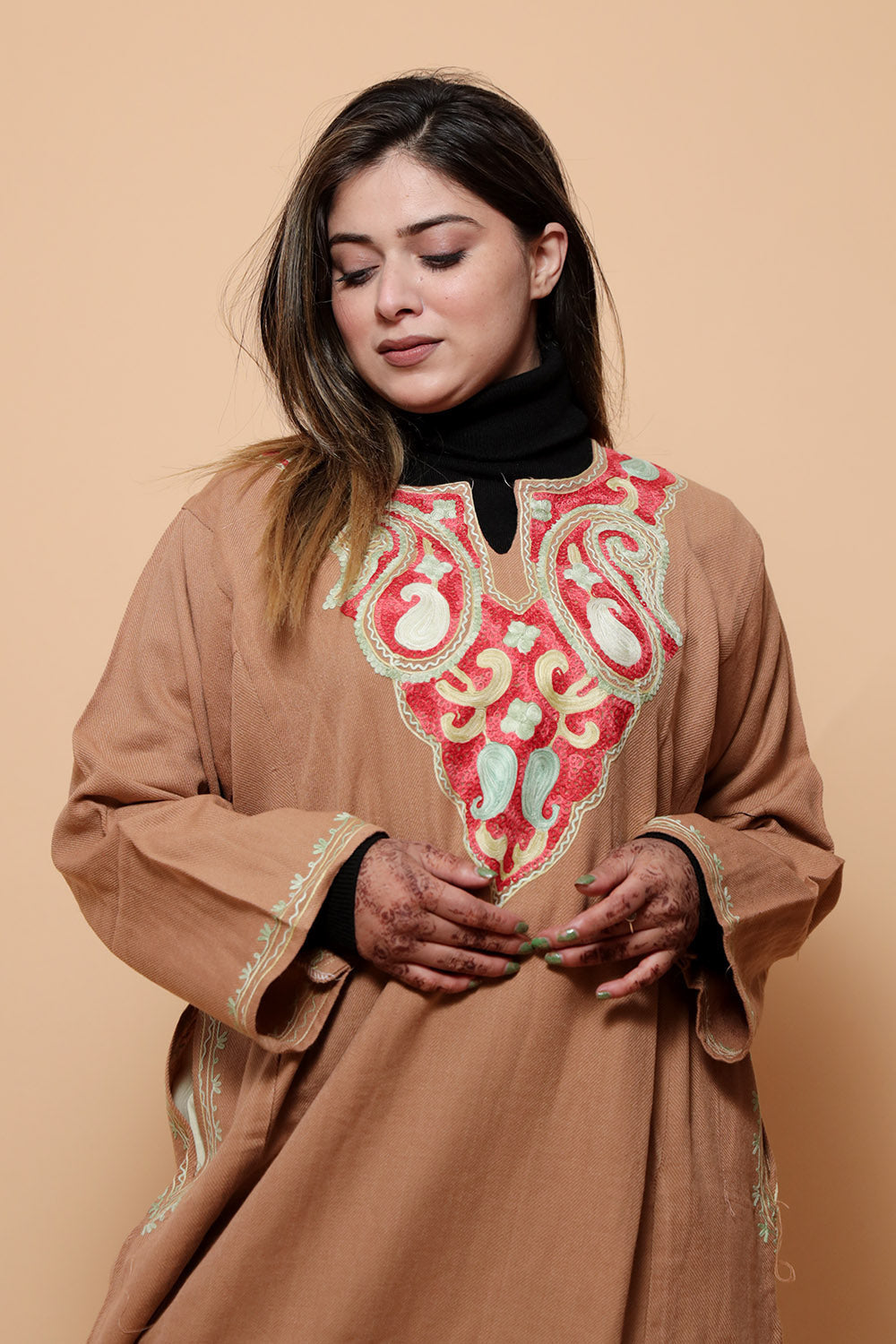 Apricot Peach Color Aari Work Embroidered Phiran Enriched