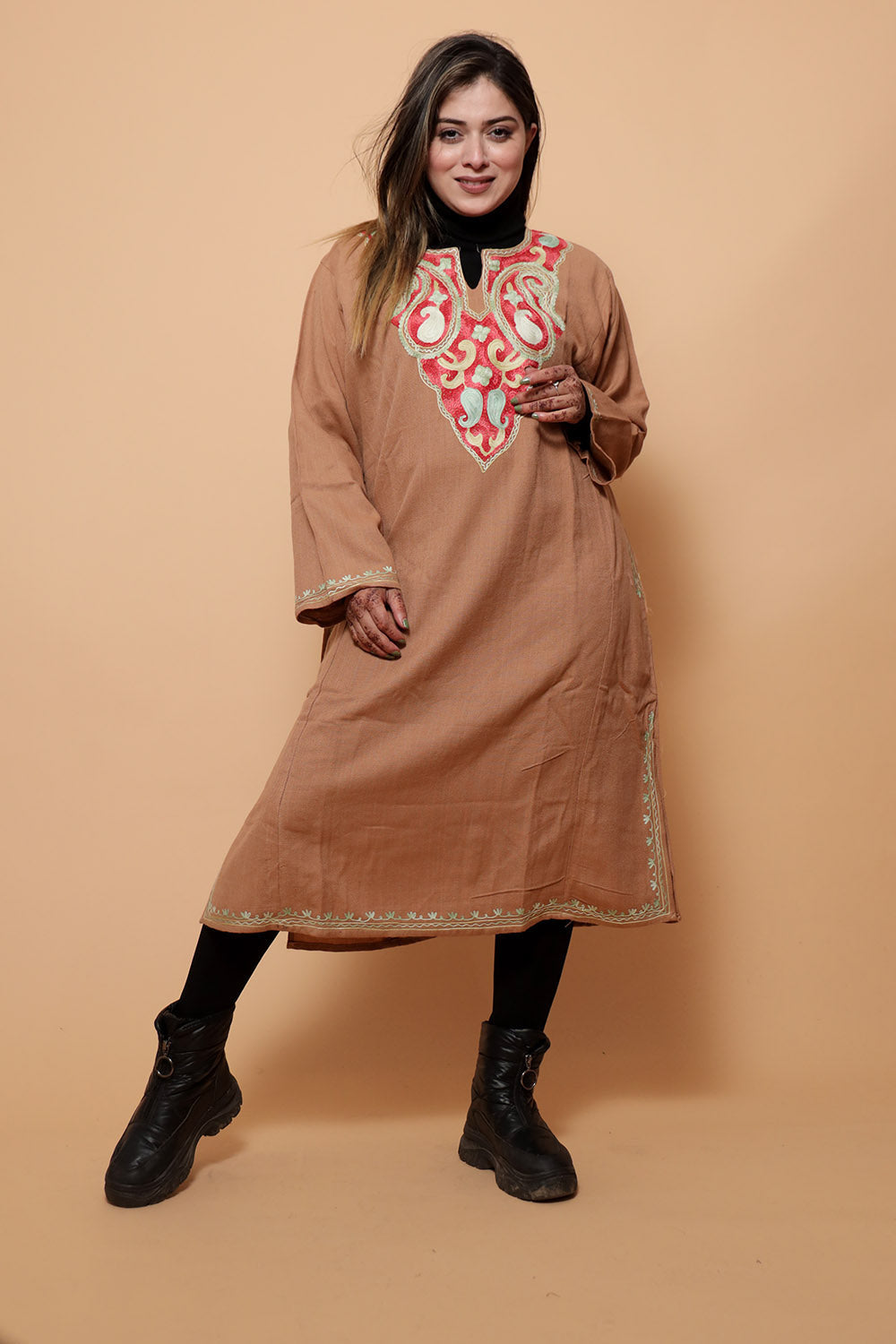 Apricot peach color aari work embroidered phiran enriched designer