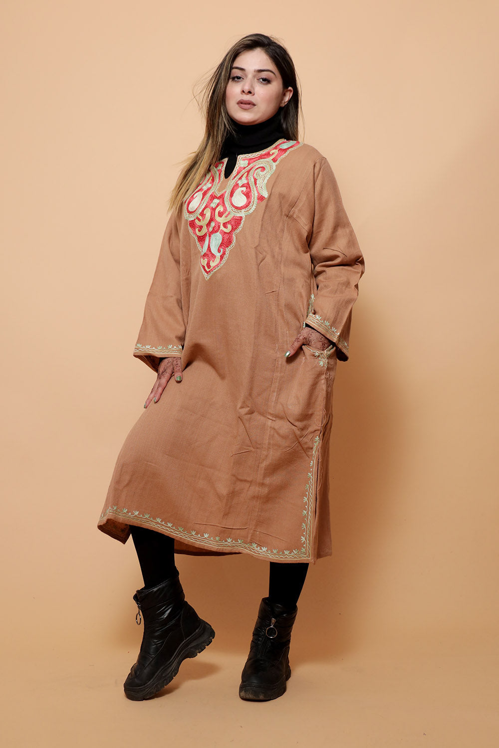 Apricot Peach Color Aari Work Embroidered Phiran Enriched