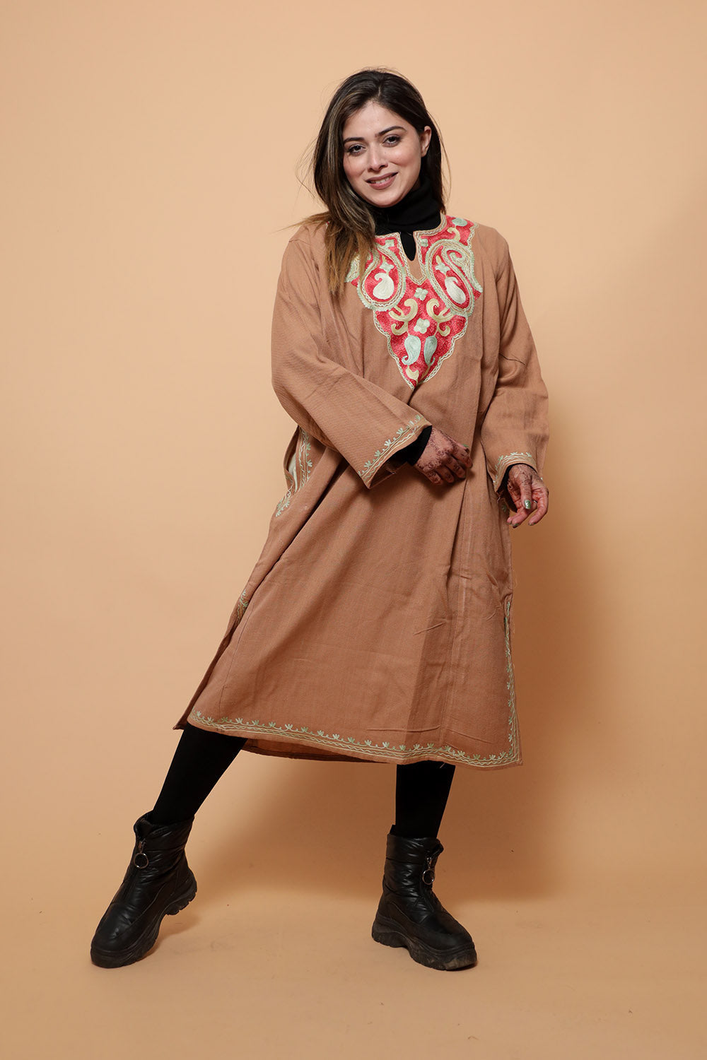 Apricot Peach Color Aari Work Embroidered Phiran Enriched