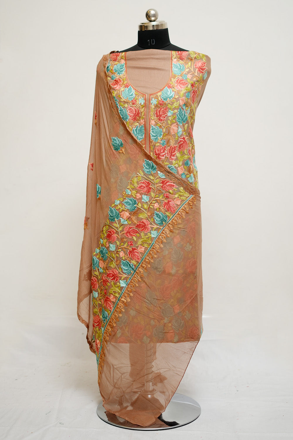 Beige Aari Work Salwar Kameez With Chinar Heavy Jaal