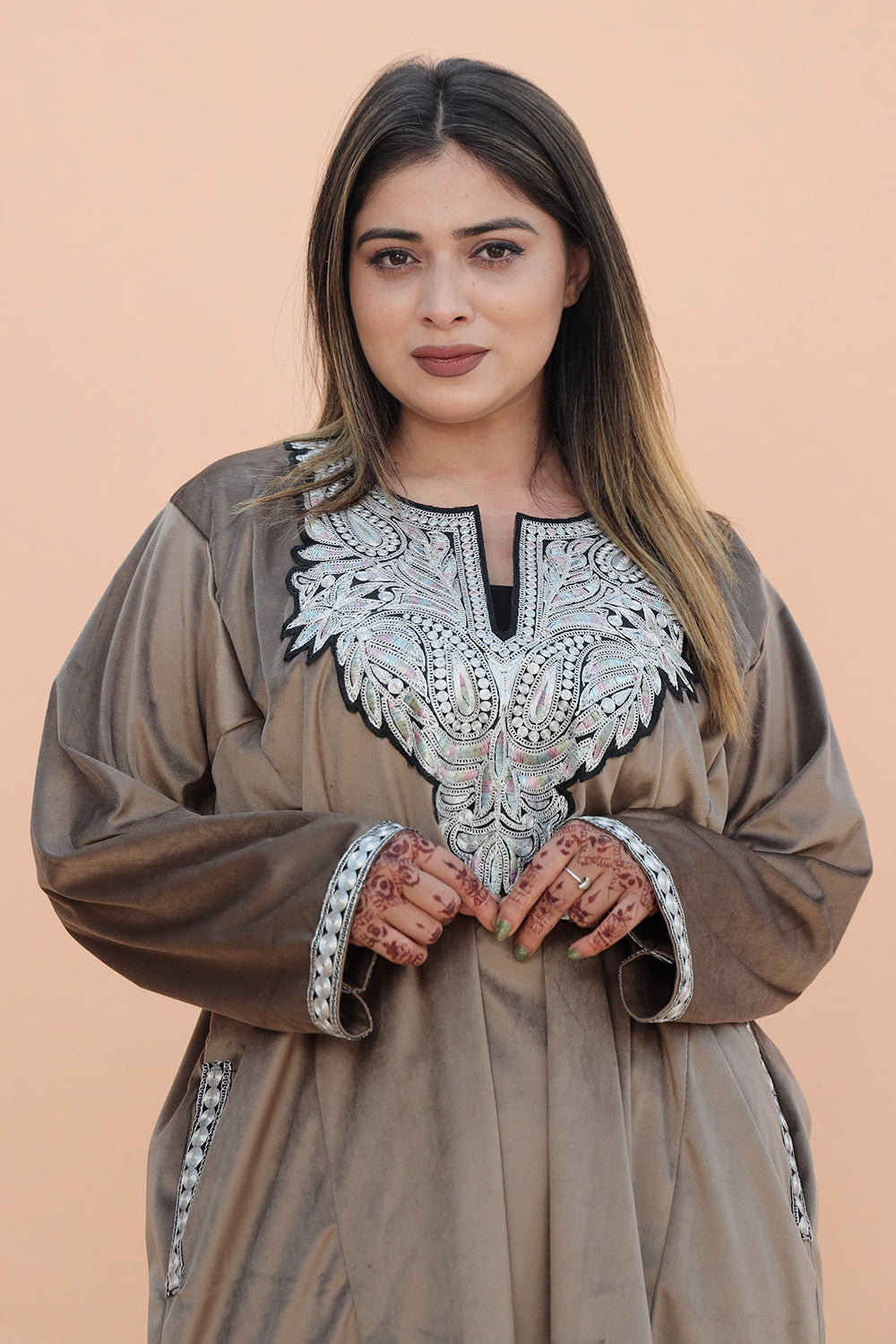 Beige Color Kashmiri Pheran Set With Tilla Patch Work