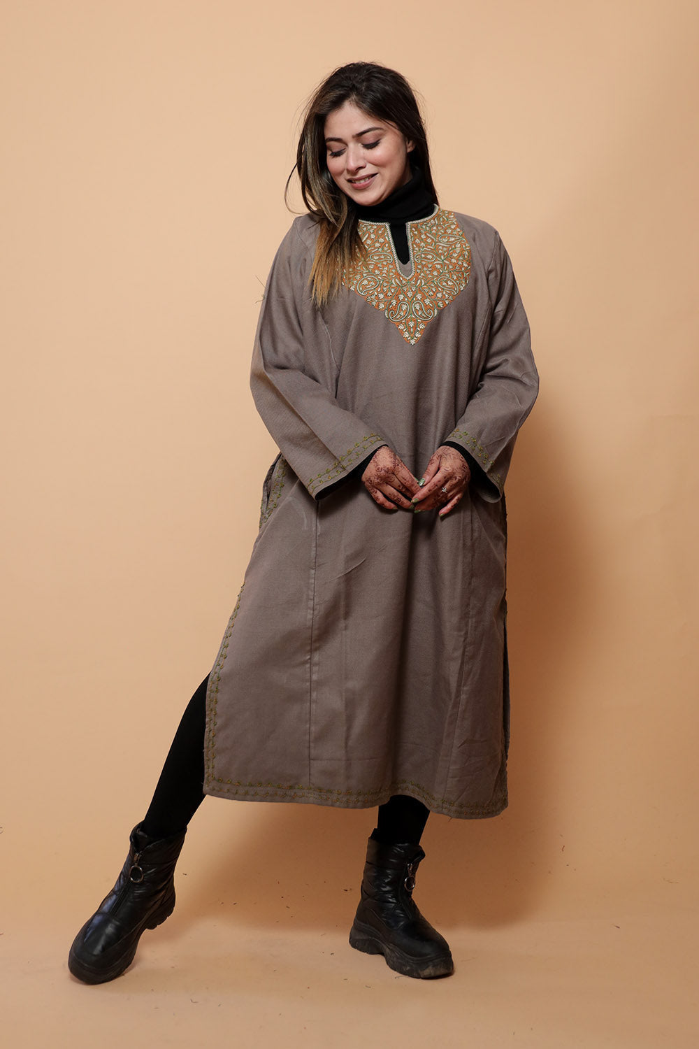 Beige Color Kashmiri Work Embroidered Phiran Enriched