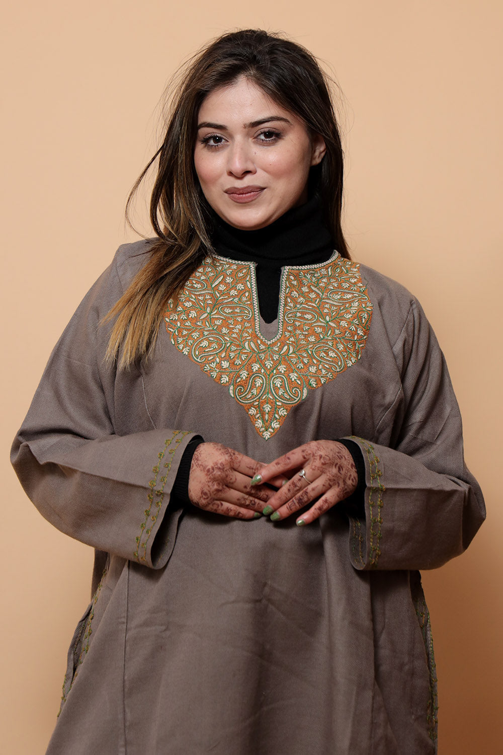 Beige Color Kashmiri Work Embroidered Phiran Enriched