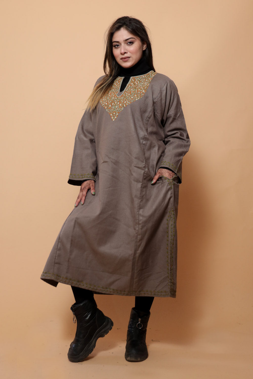 Beige Color Kashmiri Work Embroidered Phiran Enriched