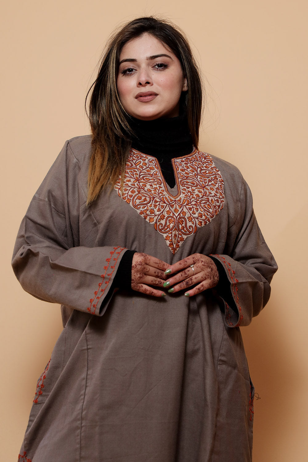 Beige Color Kashmiri Work Embroidered Phiran Enriched