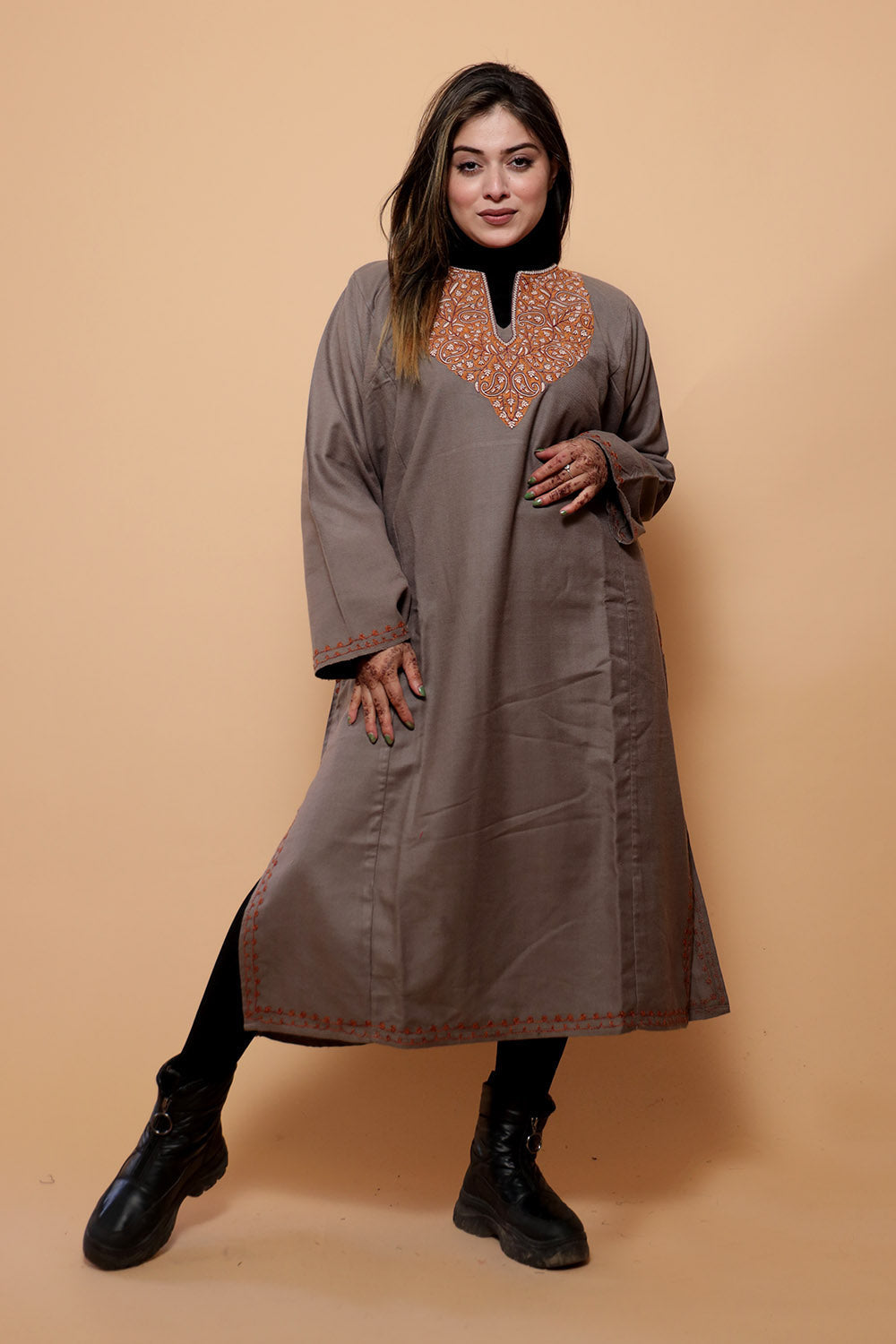 Beige Color Kashmiri Work Embroidered Phiran Enriched