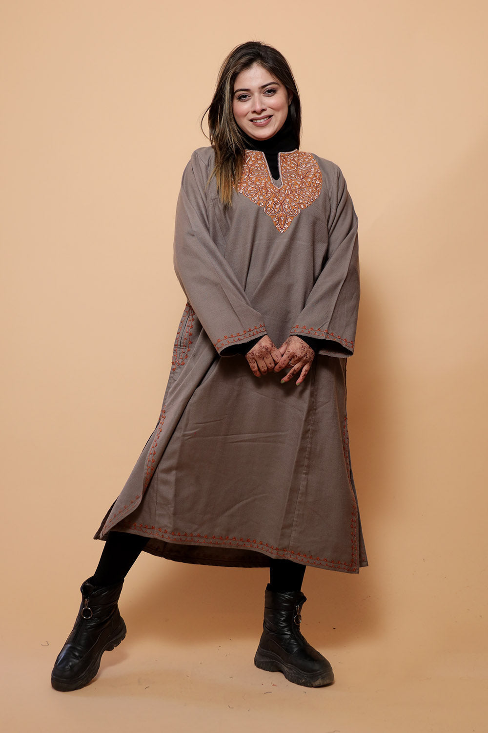 Beige Color Kashmiri Work Embroidered Phiran Enriched