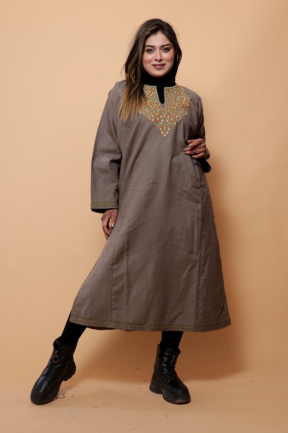 Beige Color Kashmiri Work Embroidered Phiran Enriched