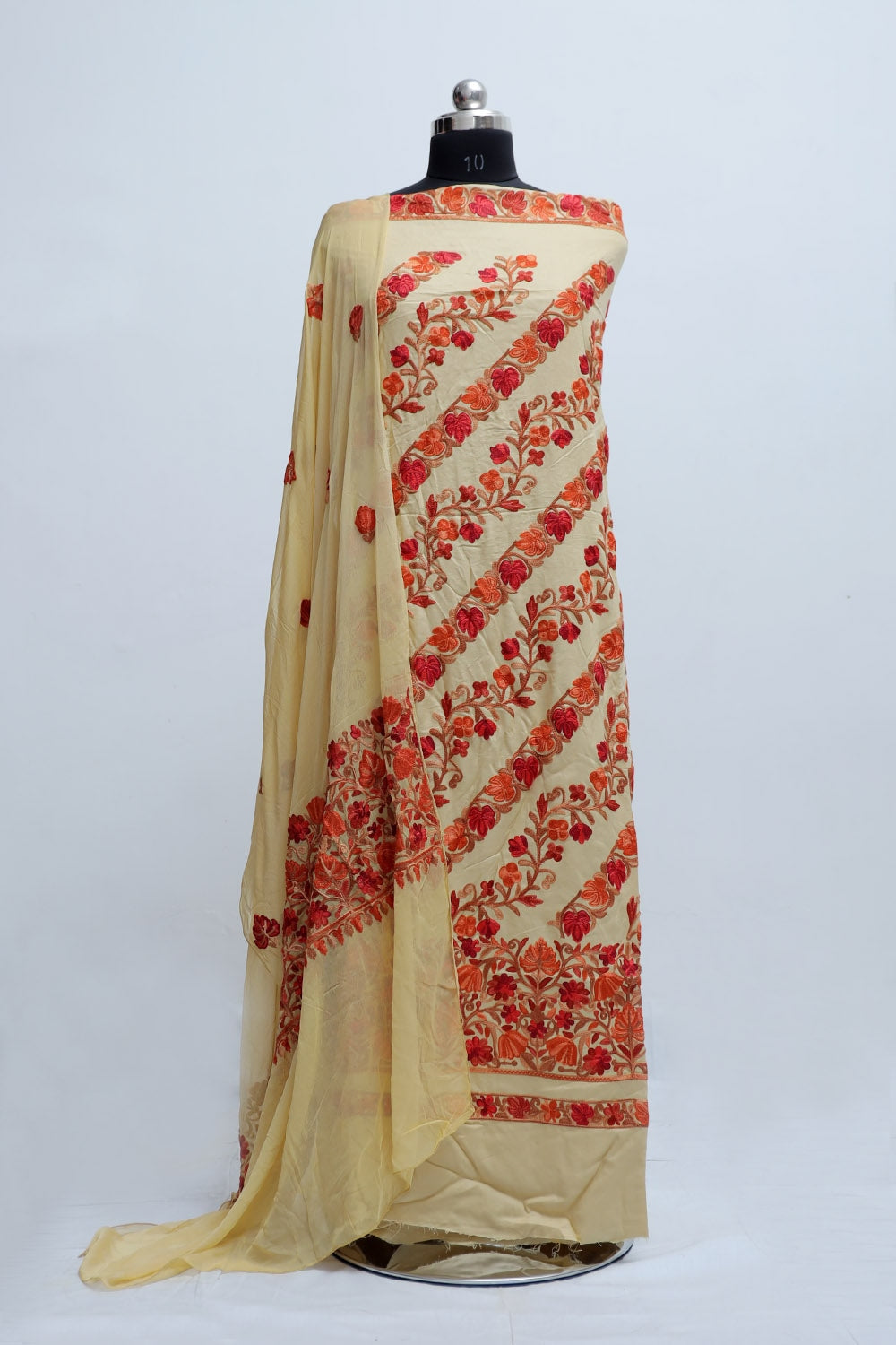 Beige Color Rayon Cotton Kashmiri Aari Work Unstitched Suit