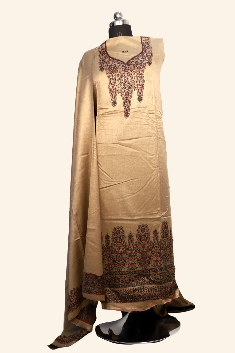 Beige Color Woolen Kashmiri Kani Work Unstitched Suit
