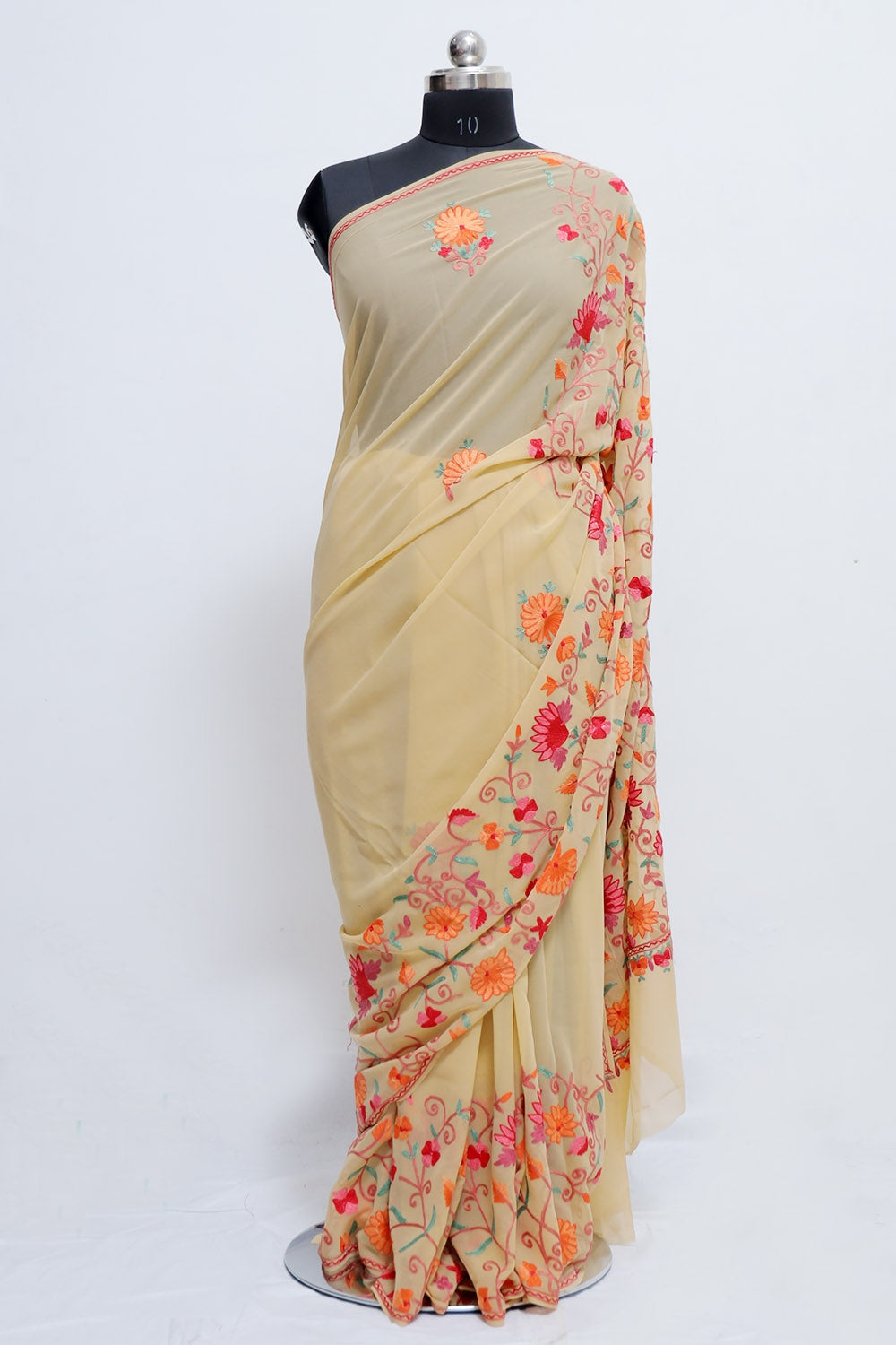 Beige Colour Georgette Saree With Beautiful Multicolour