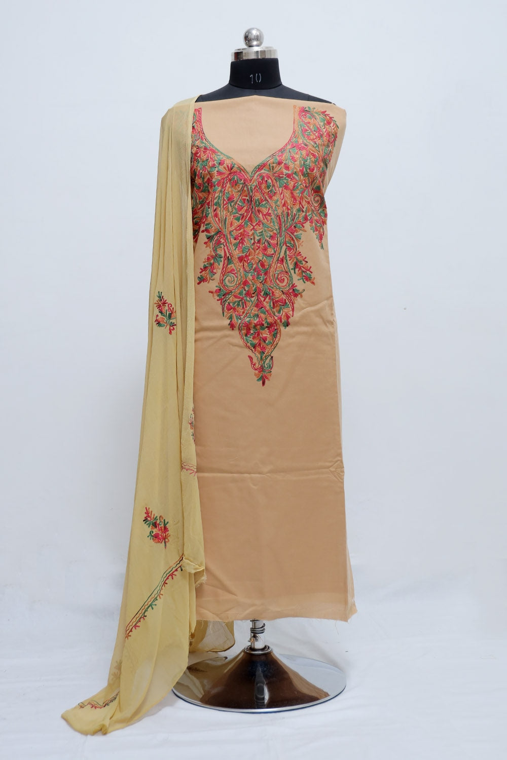 Beige colour heavy neck embroidery designer aari work suit
