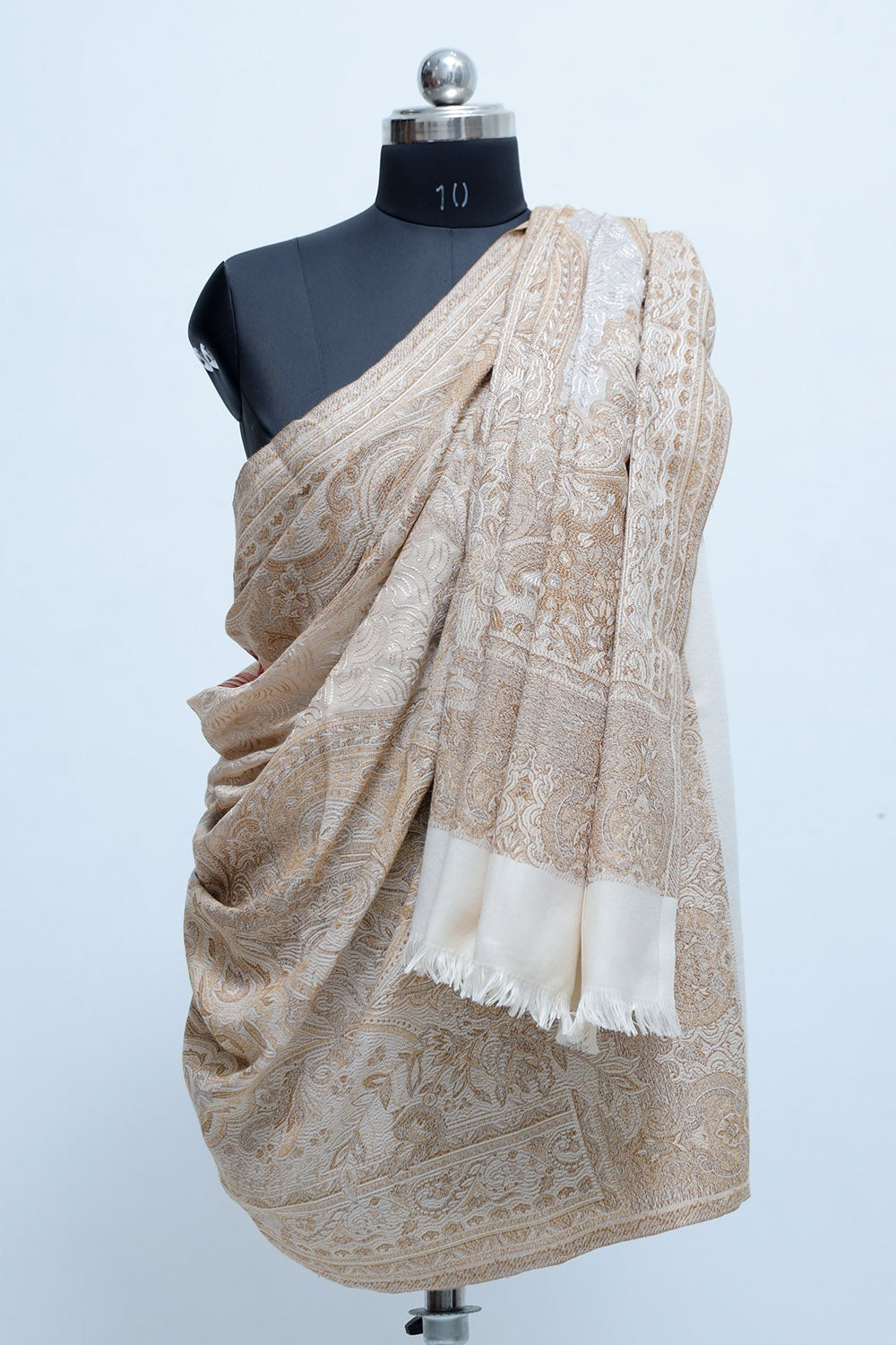 Beige Colour Jamawar Shawl With Kashmiri Aari Work Looks/