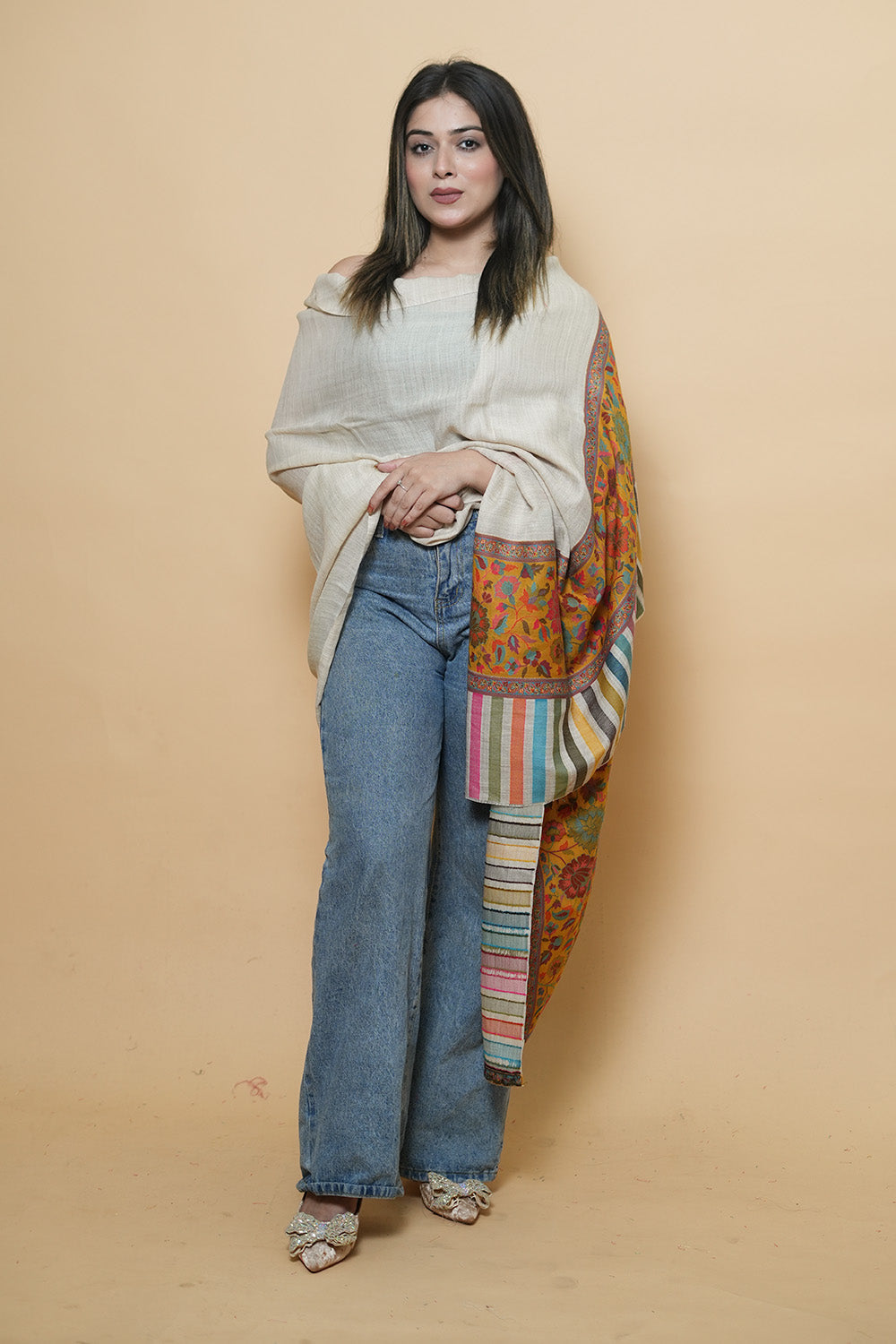 Beige Colour Kani Shawl With Style Bold And Dense Border