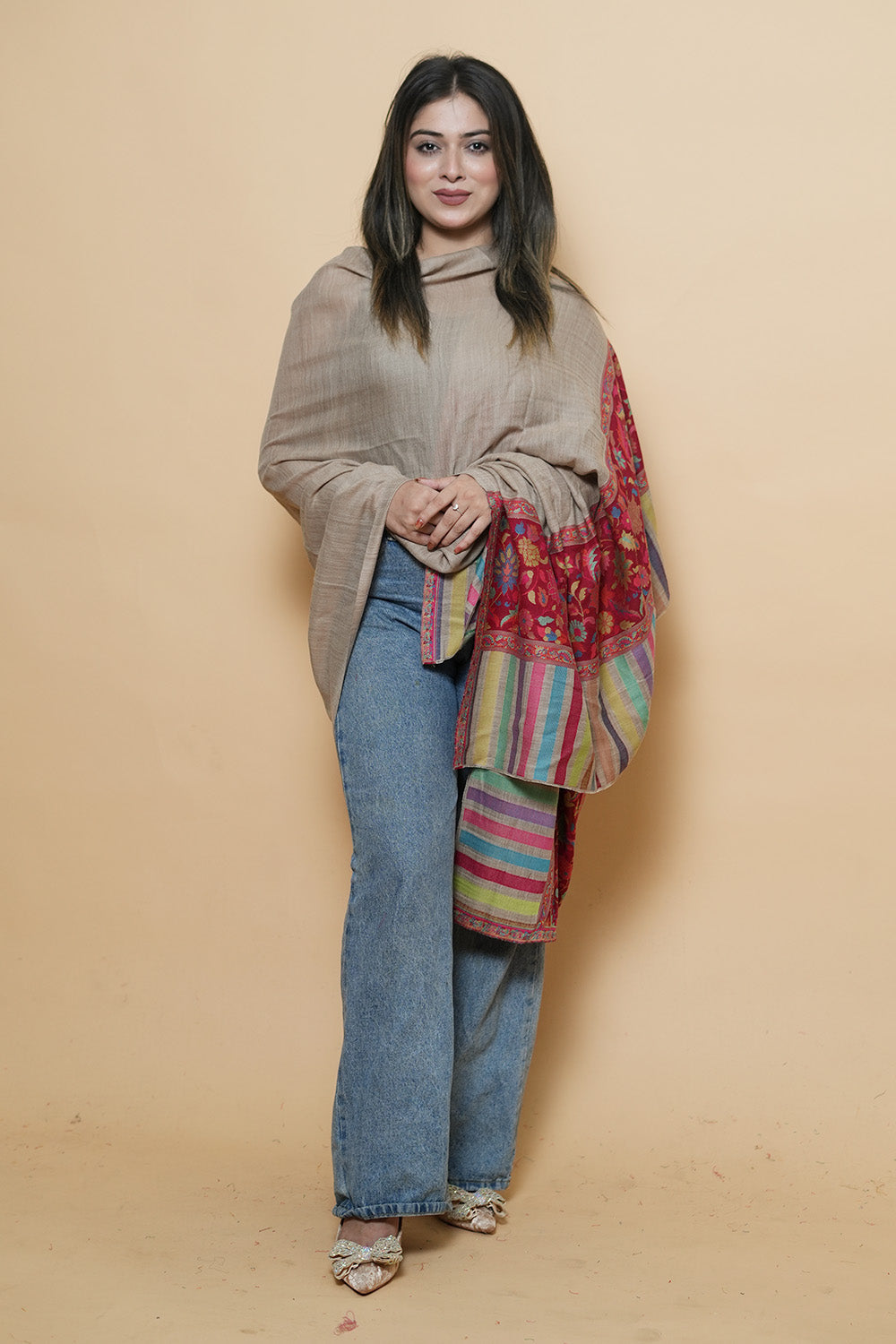 Beige Colour Kani Shawl With Style Bold And Dense Border