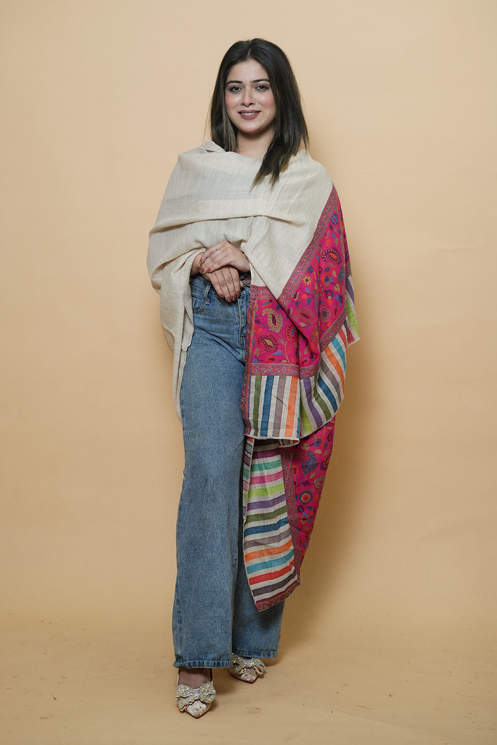 Beige Colour Kani Shawl With Style Bold And Dense Border