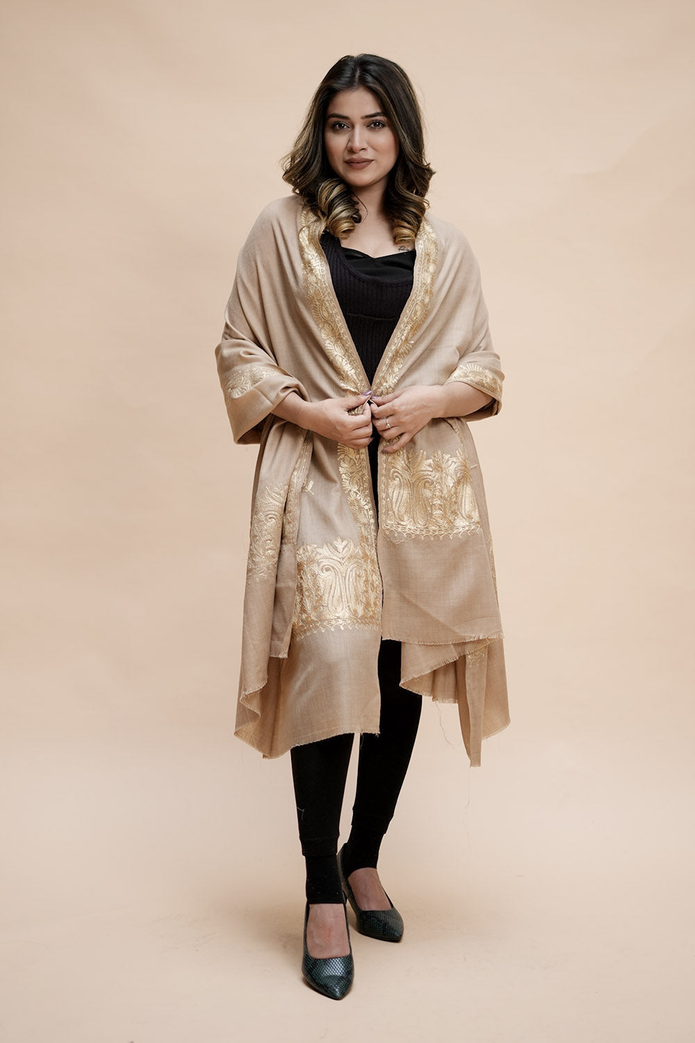 Beige Colour Semi Pashmina Shawl Enriched With Ethnic Heavy