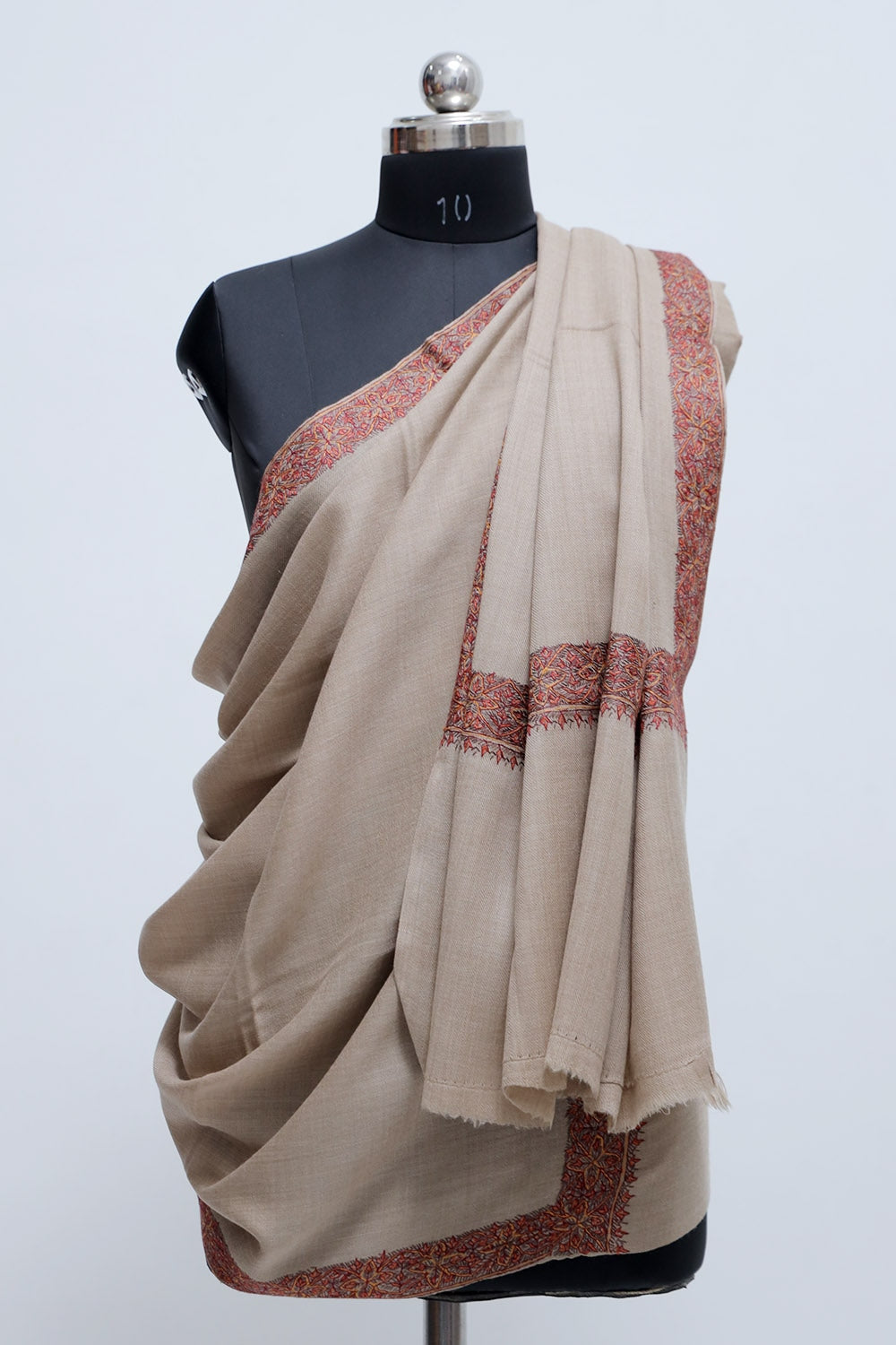 Beige Colour Semi Pashmina Sozni Shawl With Beautiful