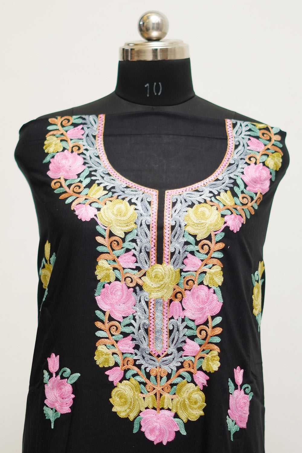 Black Aari Work Salwar Kameez With Neckline Rose Pattern