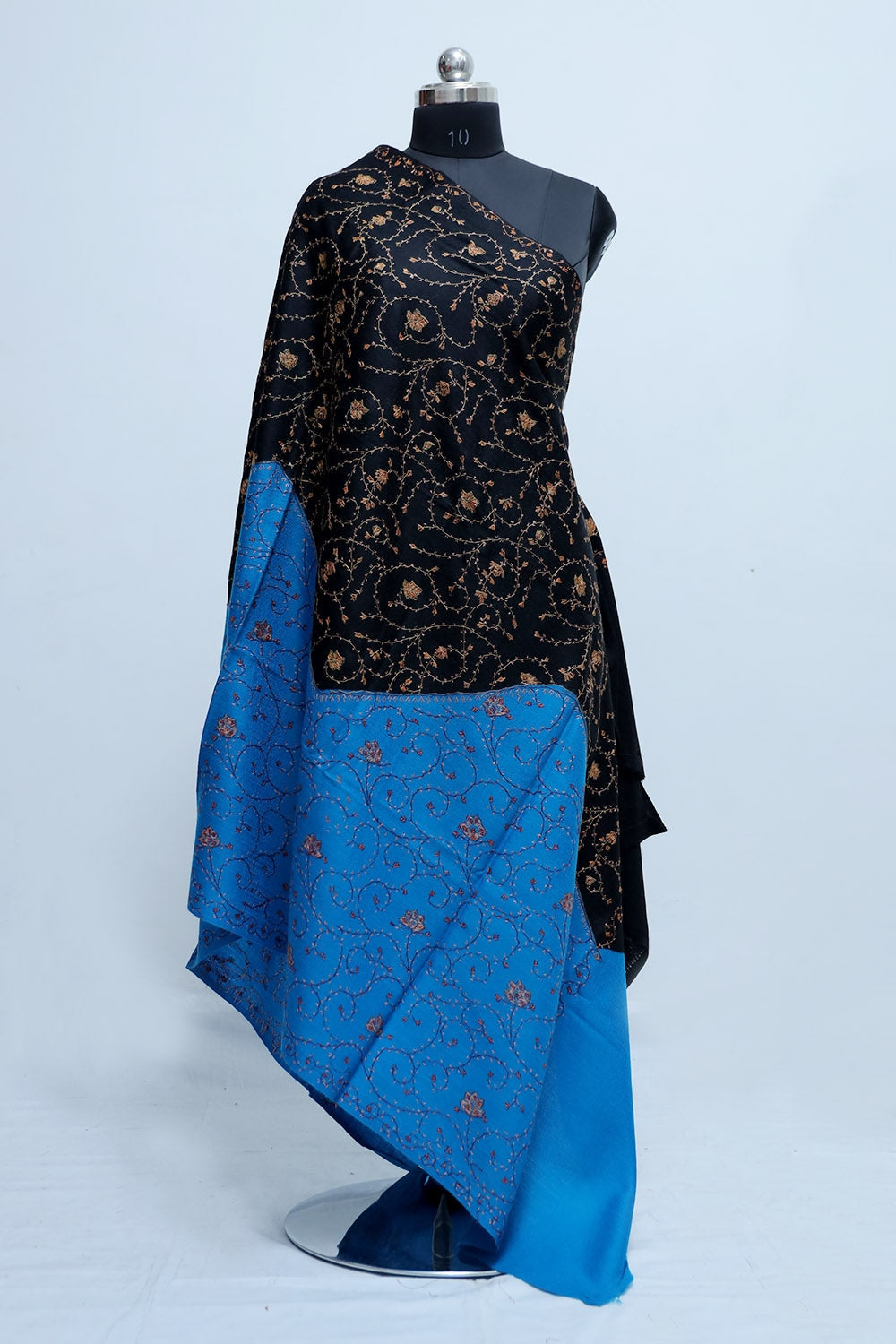 Black-Blue Colour Kashmiri Sozni Work Shawl With Running