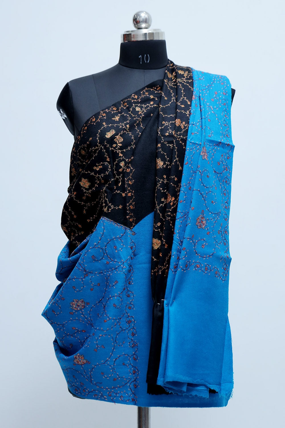 Black-Blue Colour Kashmiri Sozni Work Shawl With Running