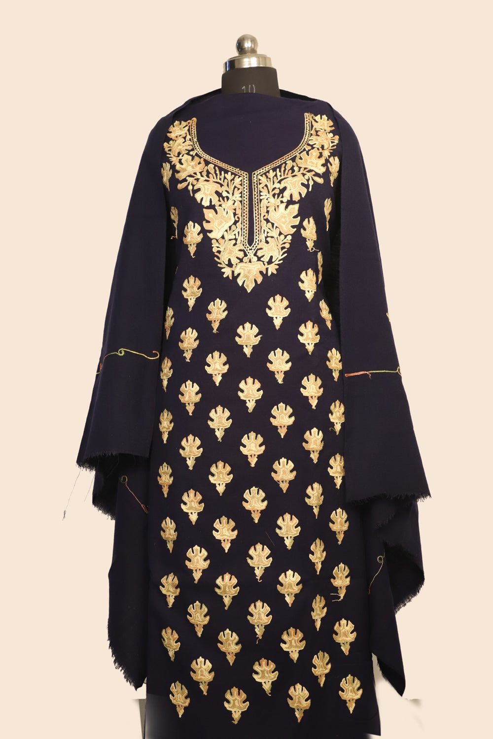 Navy Blue Color Kashmiri Woolen Aari Work Embroidered