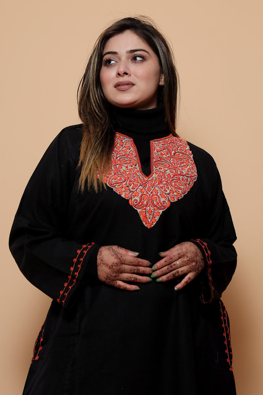 Black Color Kashmiri Work Embroidered Phiran Enriched