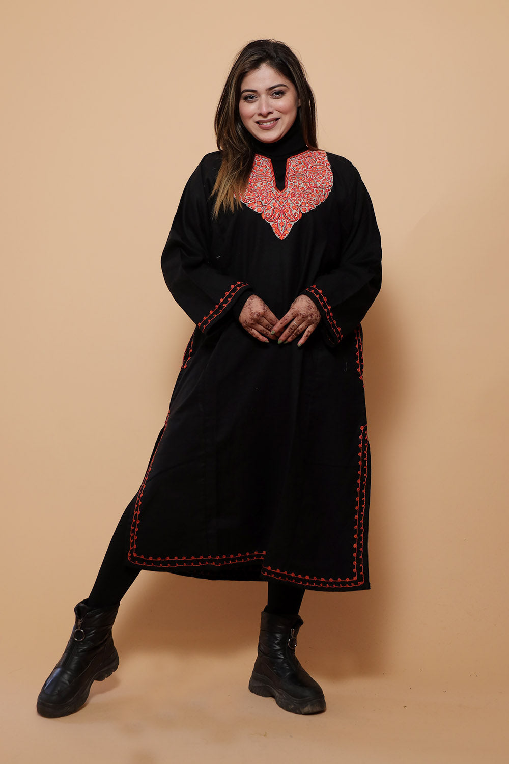 Black Color Kashmiri Work Embroidered Phiran Enriched