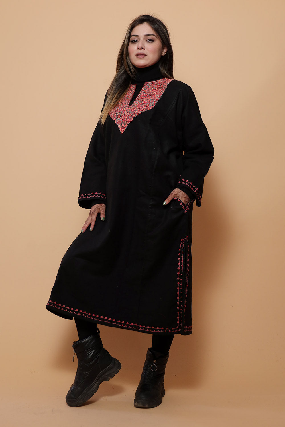 Black Color Kashmiri Work Embroidered Phiran Enriched