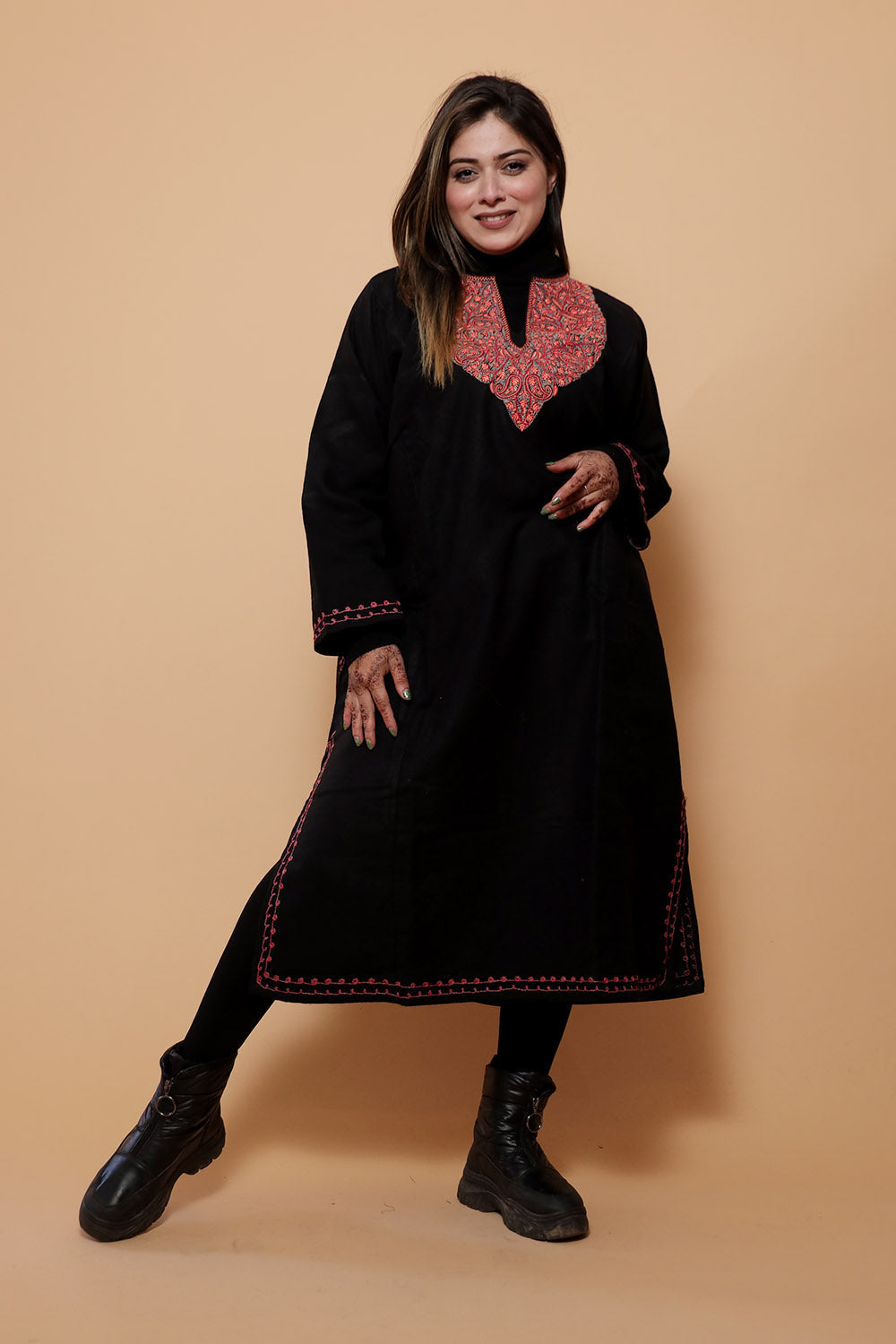 Black Color Kashmiri Work Embroidered Phiran Enriched