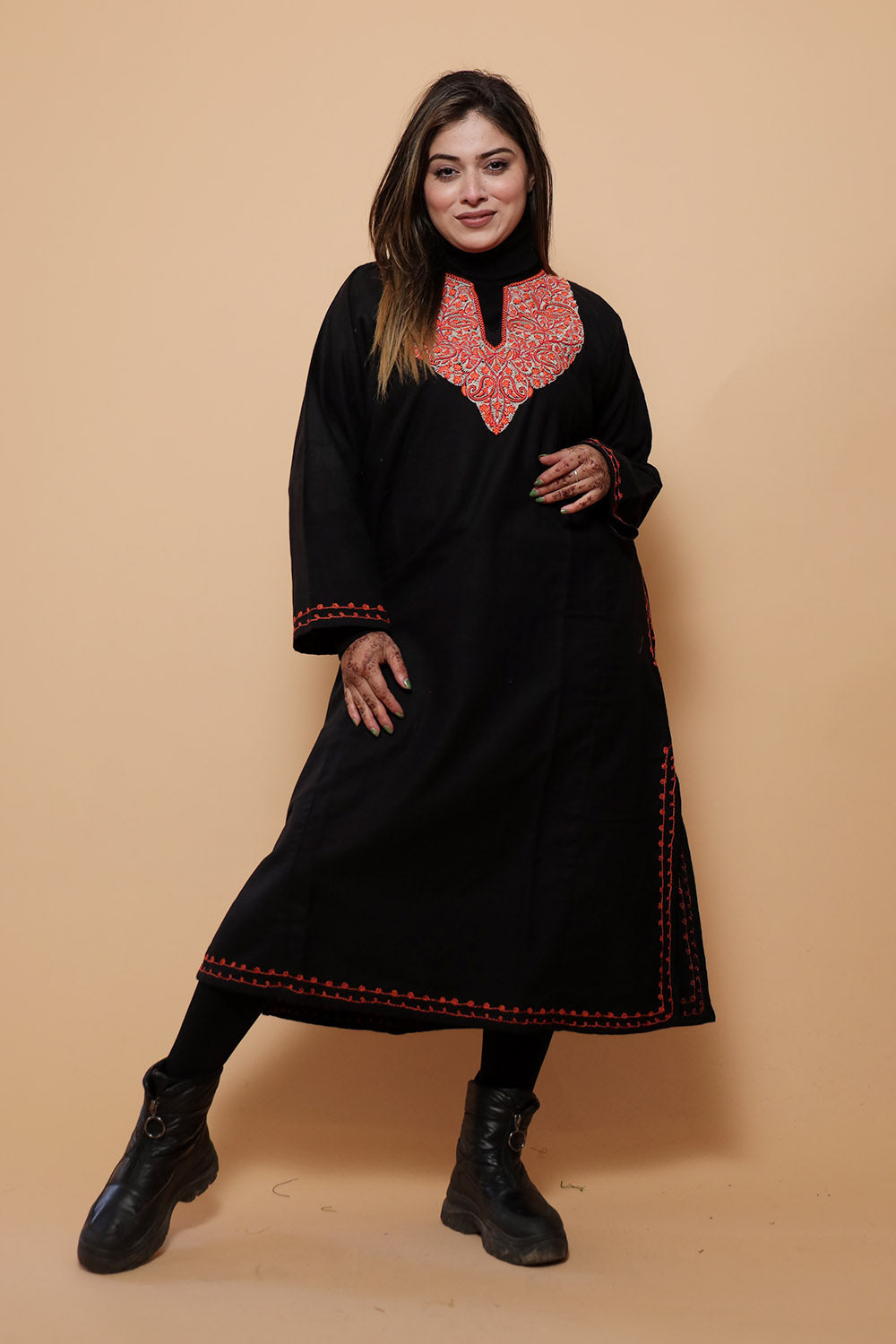 chinese dress ladies Kashmiri Dark Brown Zari Embroidered Woollen Phiran – Teal Green