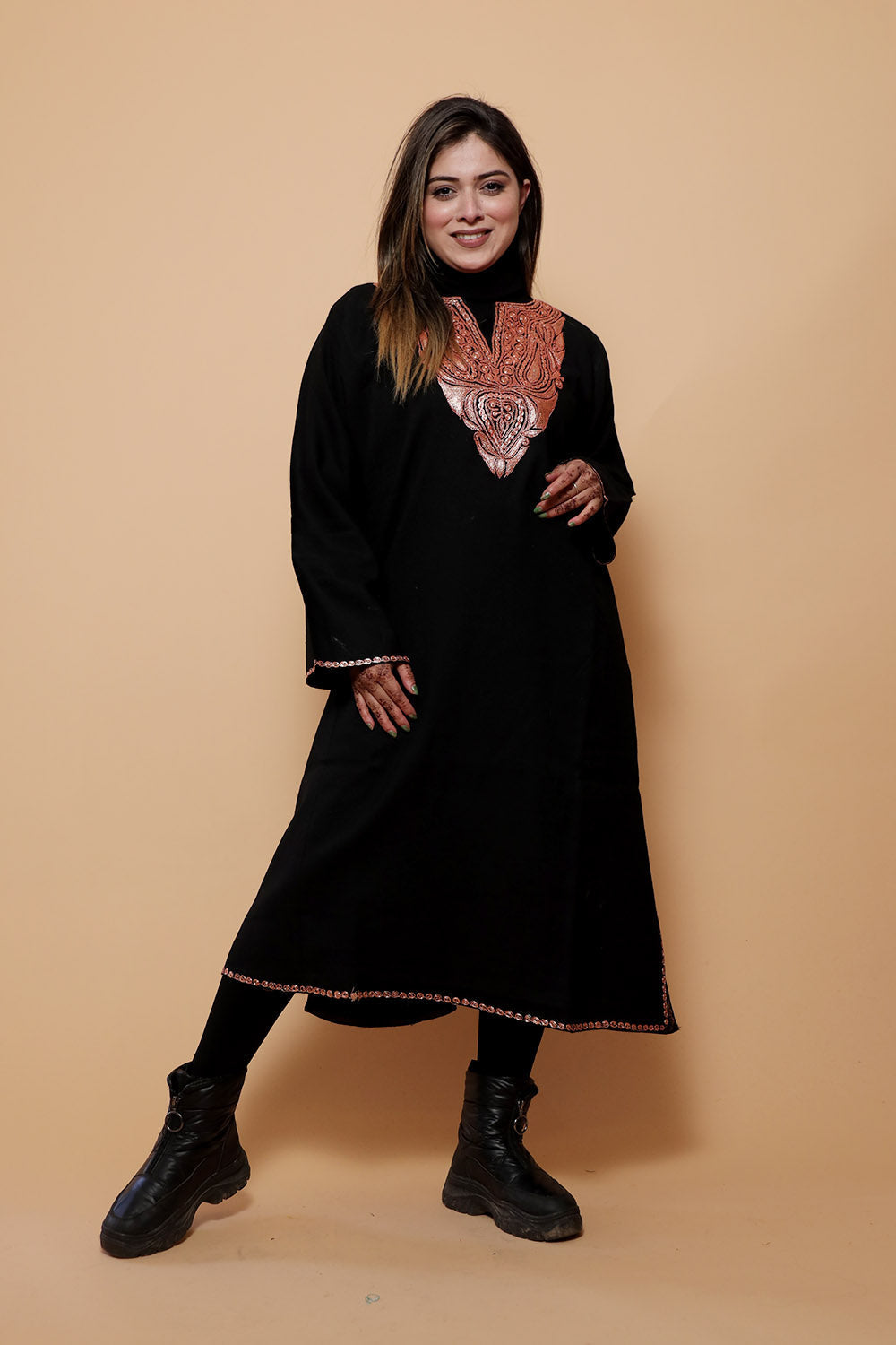 Black Color Kashmiri Work Embroidered Phiran Enriched