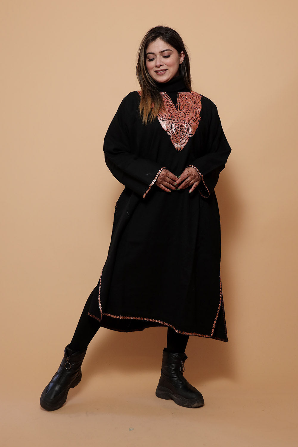 Black Color Kashmiri Work Embroidered Phiran Enriched