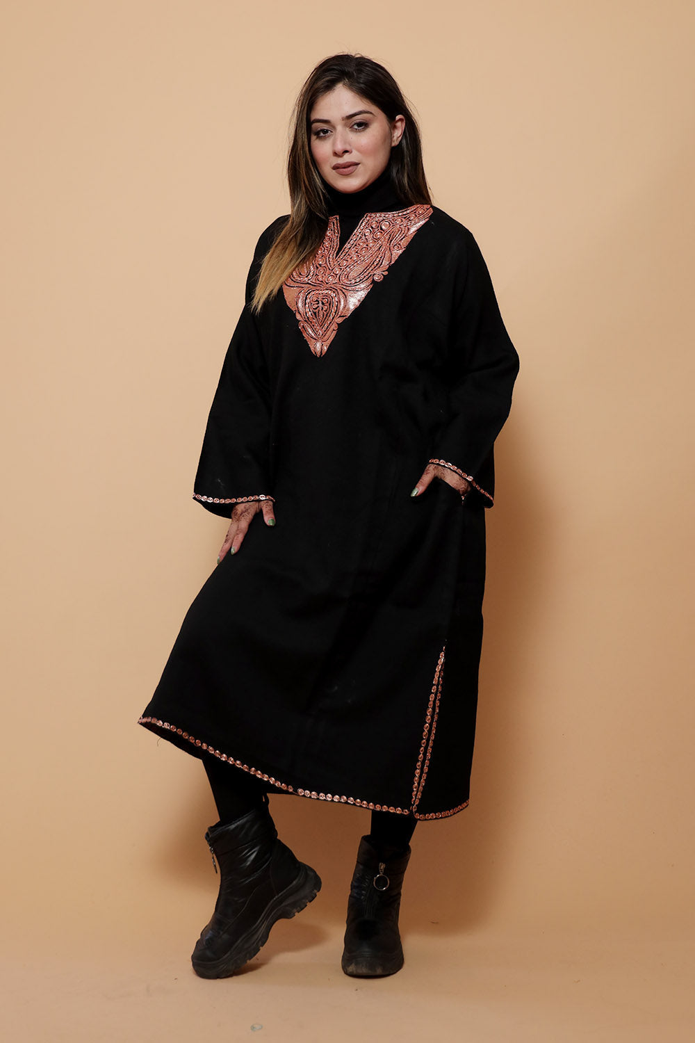 Black Color Kashmiri Work Embroidered Phiran Enriched