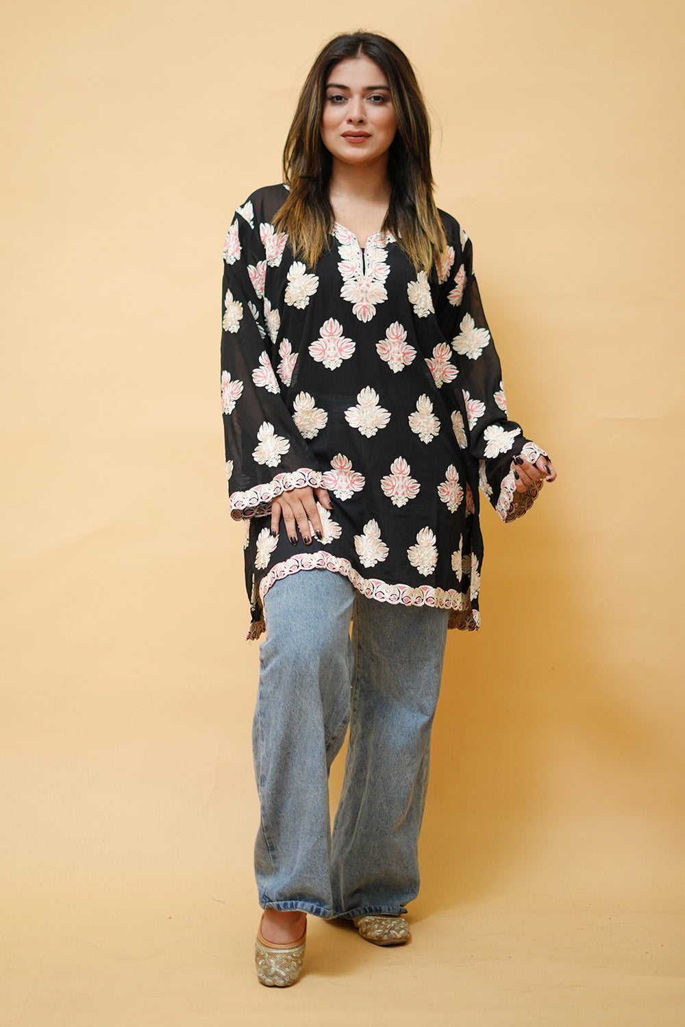 Black Colour Aari Work Neck Short Kashmiri Kurti