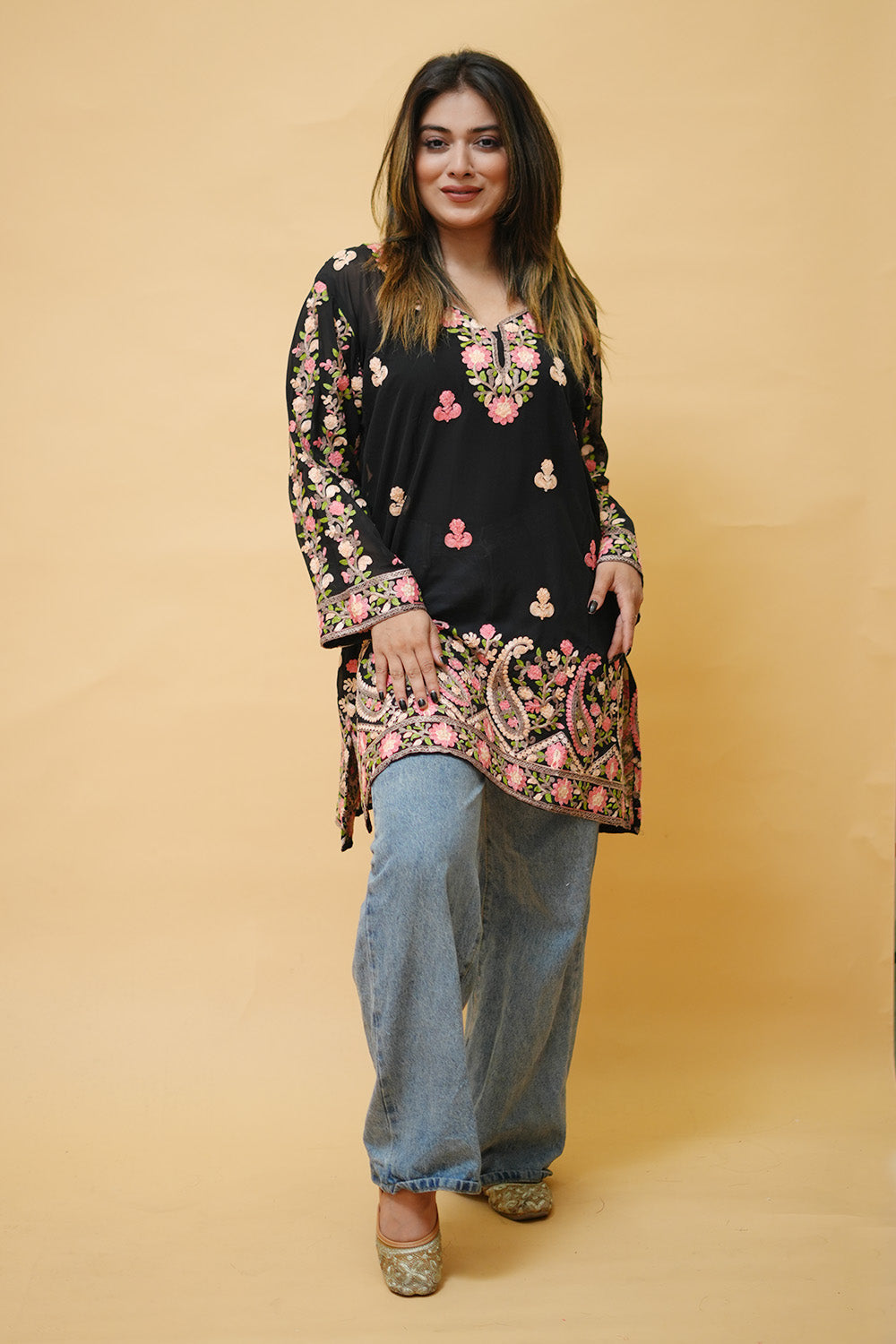 Black Colour Aari Work Neck Short Kashmiri Kurti