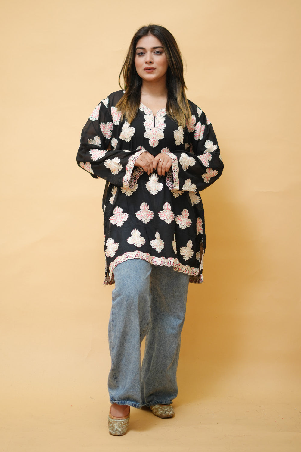 Black Colour Aari Work Neck Short Kashmiri Kurti