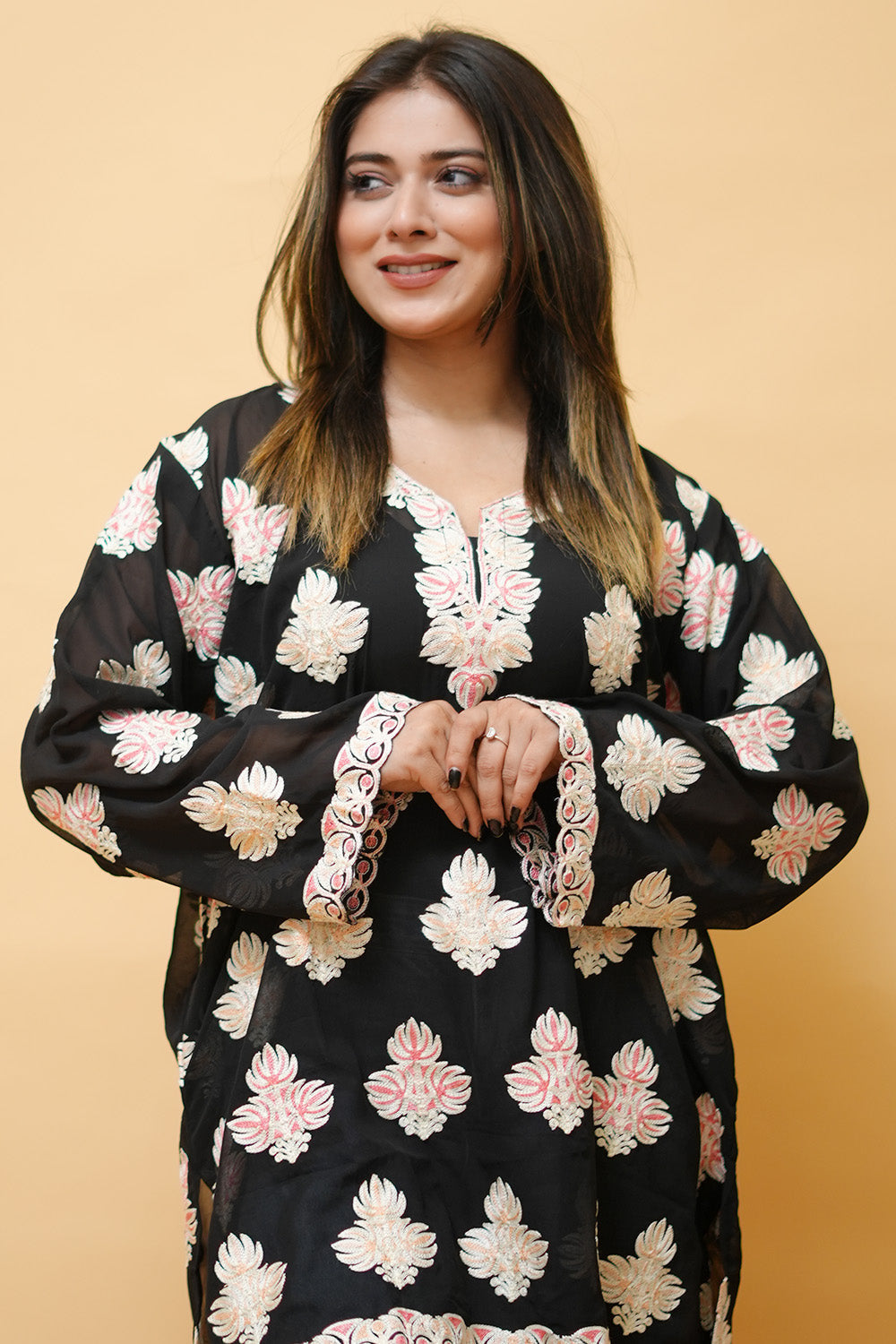 Black Colour Aari Work Neck Short Kashmiri Kurti