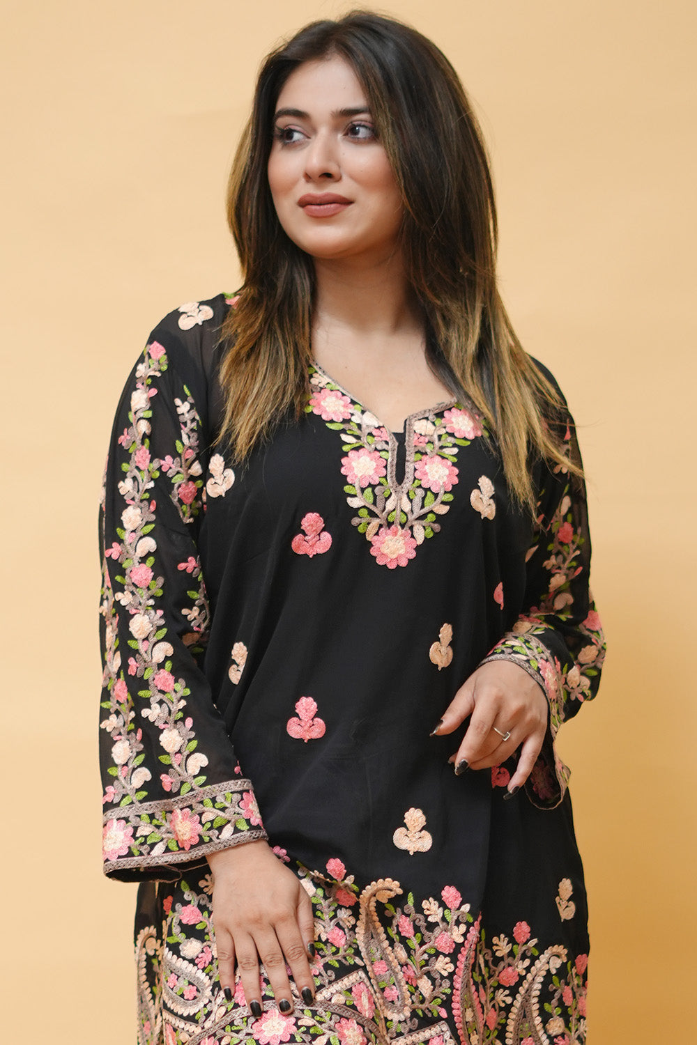 Black Colour Aari Work Neck Short Kashmiri Kurti