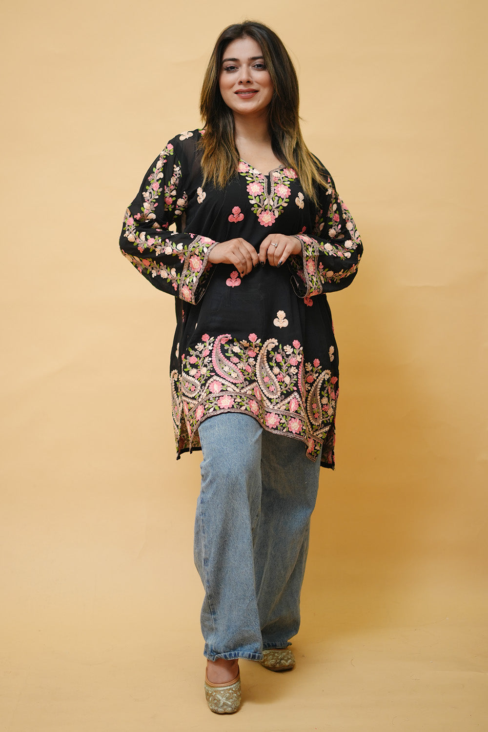 Black Colour Aari Work Neck Short Kashmiri Kurti