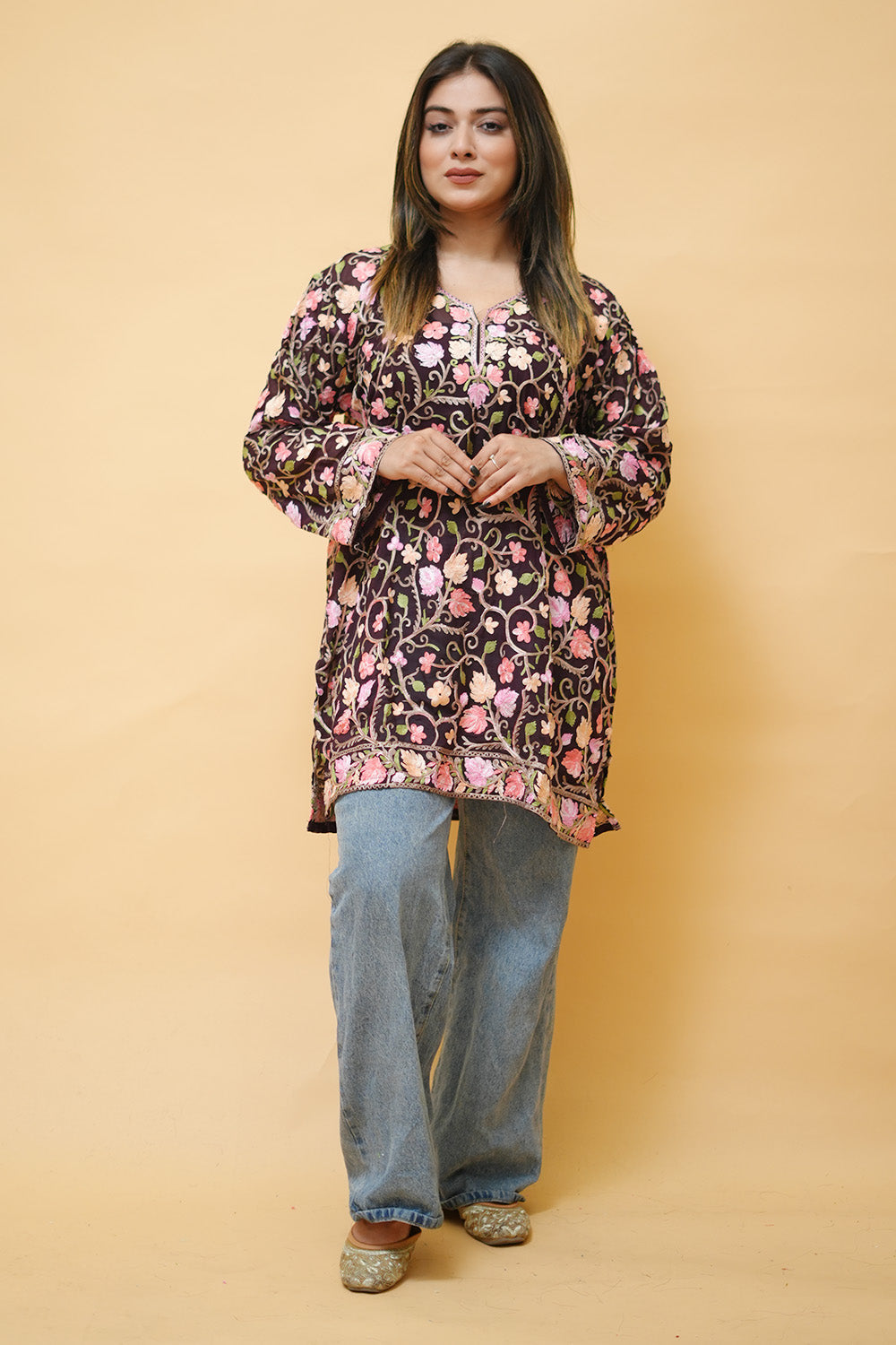 Wine Colour Aari Work Neck Short Kashmiri Kurti With Thread