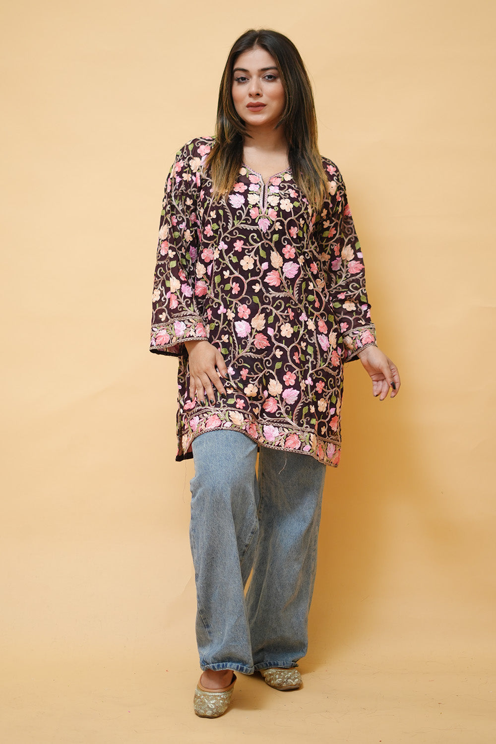 Wine Colour Aari Work Neck Short Kashmiri Kurti With Thread