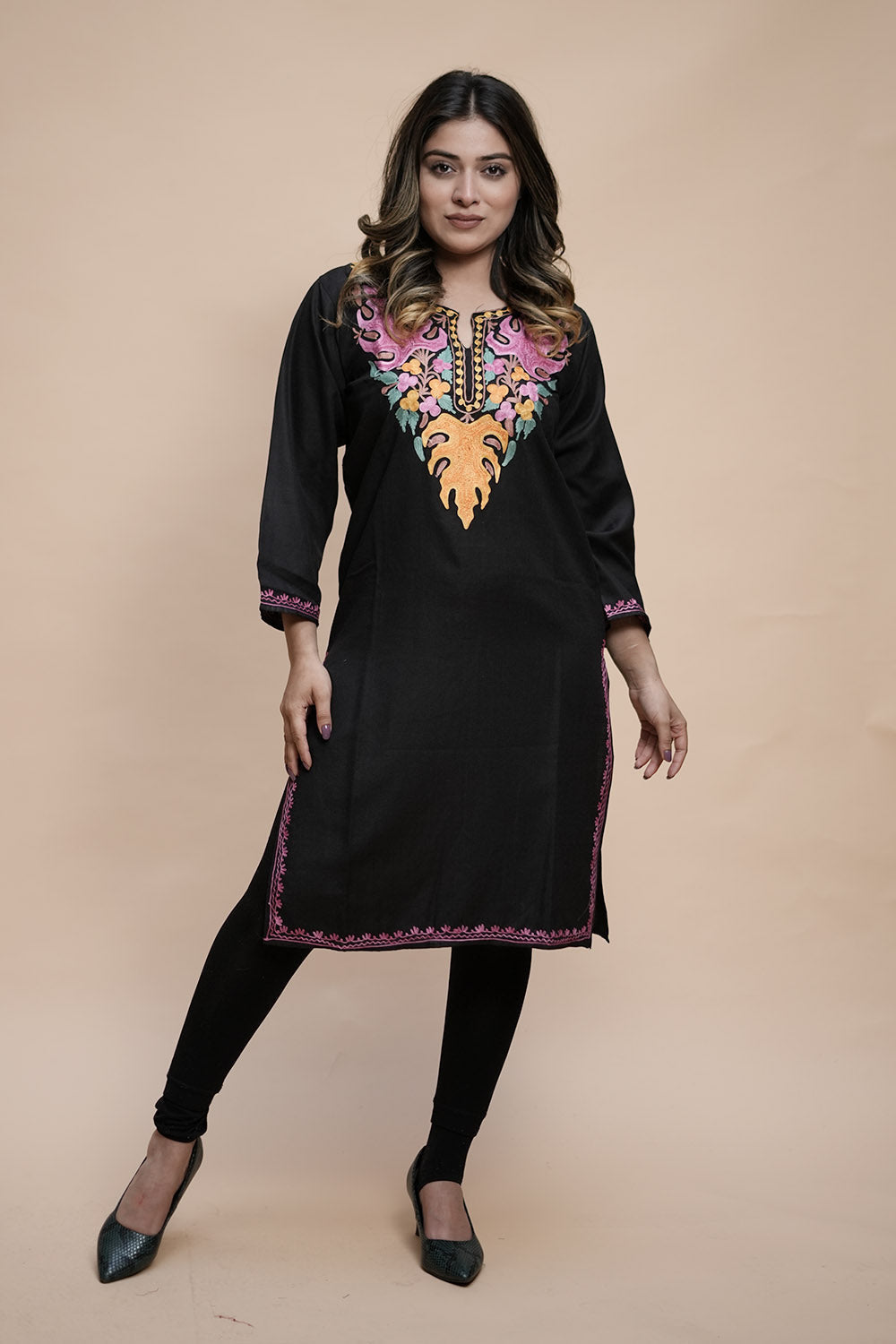 Black Colour Cotton Kurti With Kashmiri Motifs Latest