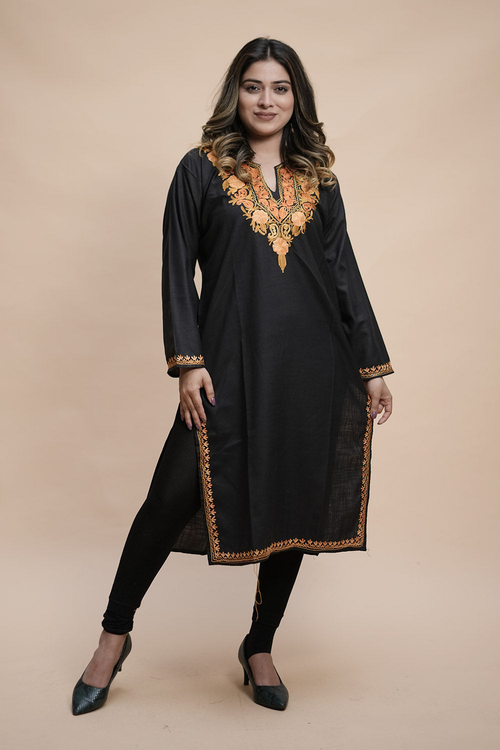 Black Colour Cotton Kurti With Kashmiri Motifs Latest