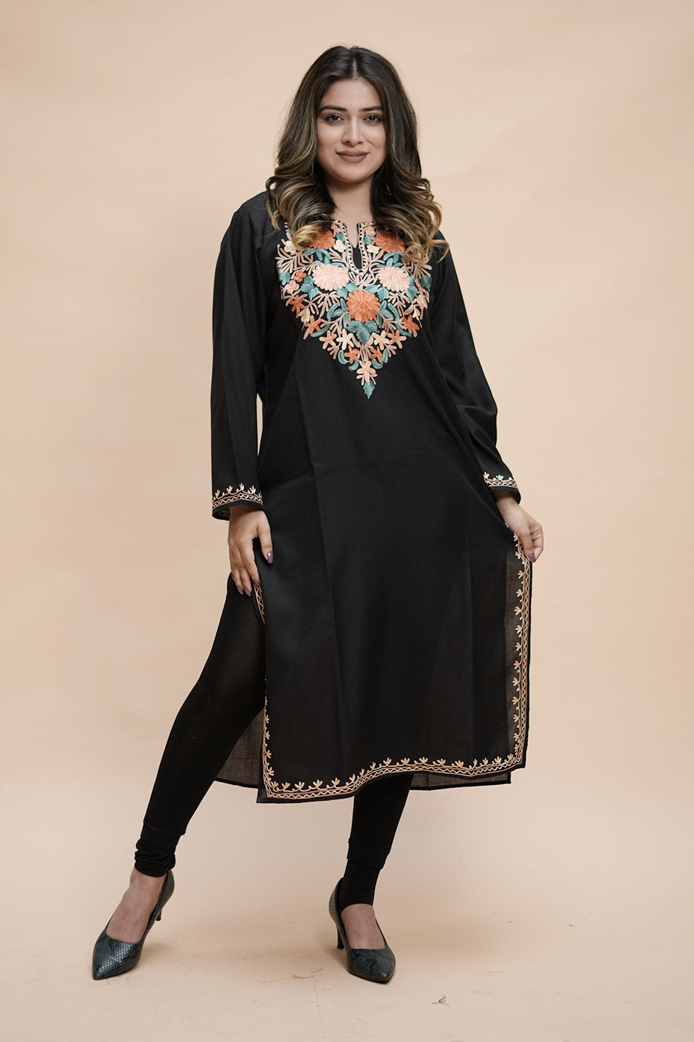 Black Colour Cotton Kurti With Kashmiri Motifs Latest