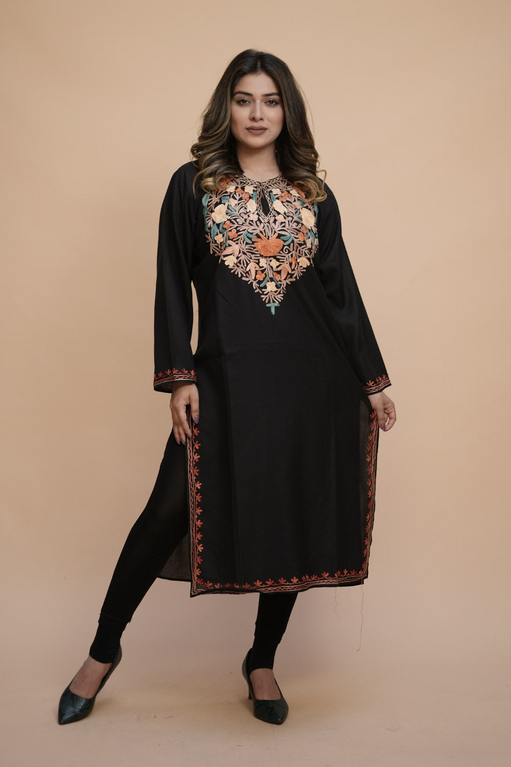 Black Colour Cotton Kurti With Kashmiri Motifs Latest