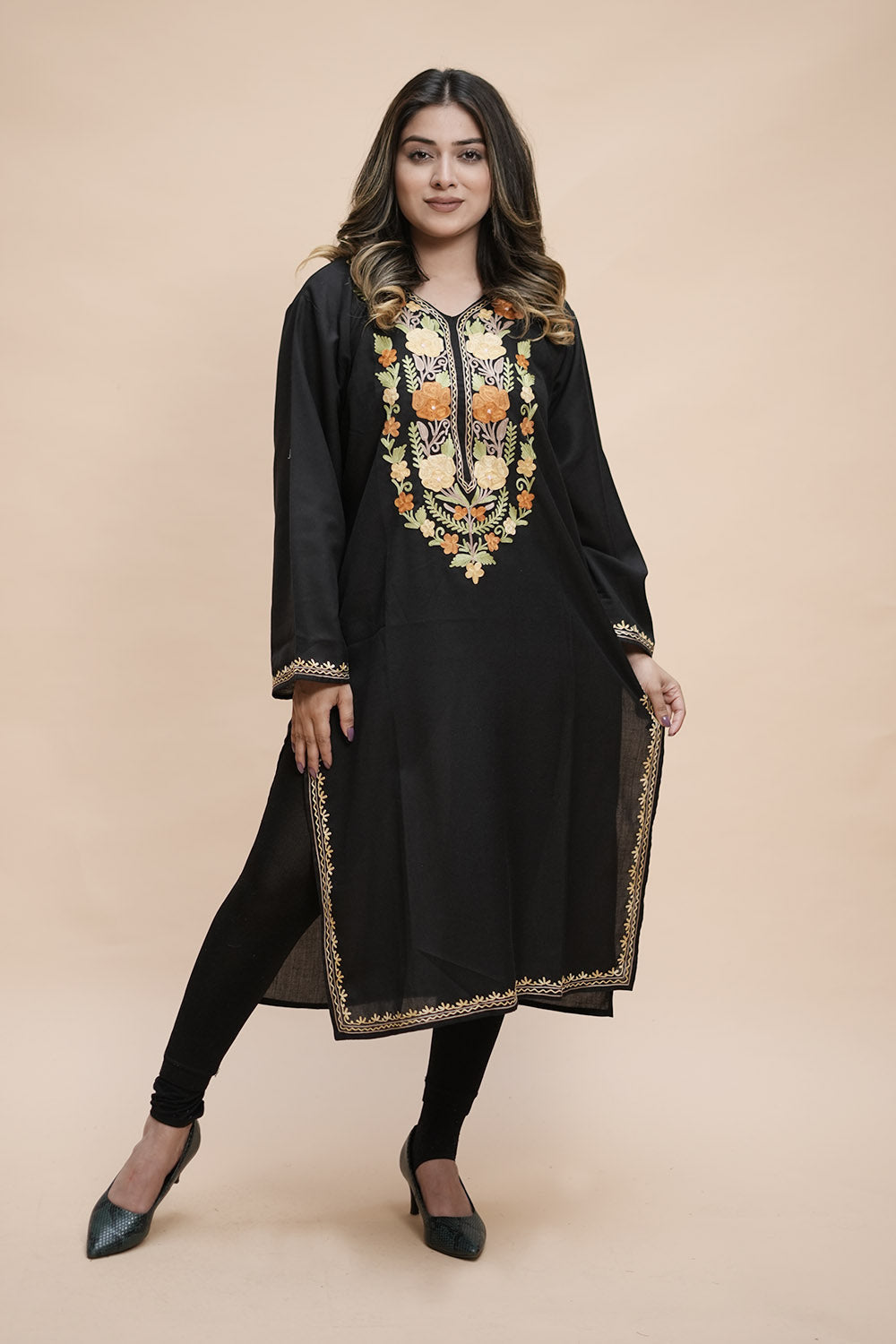 Black Colour Cotton Kurti With Kashmiri Motifs Latest