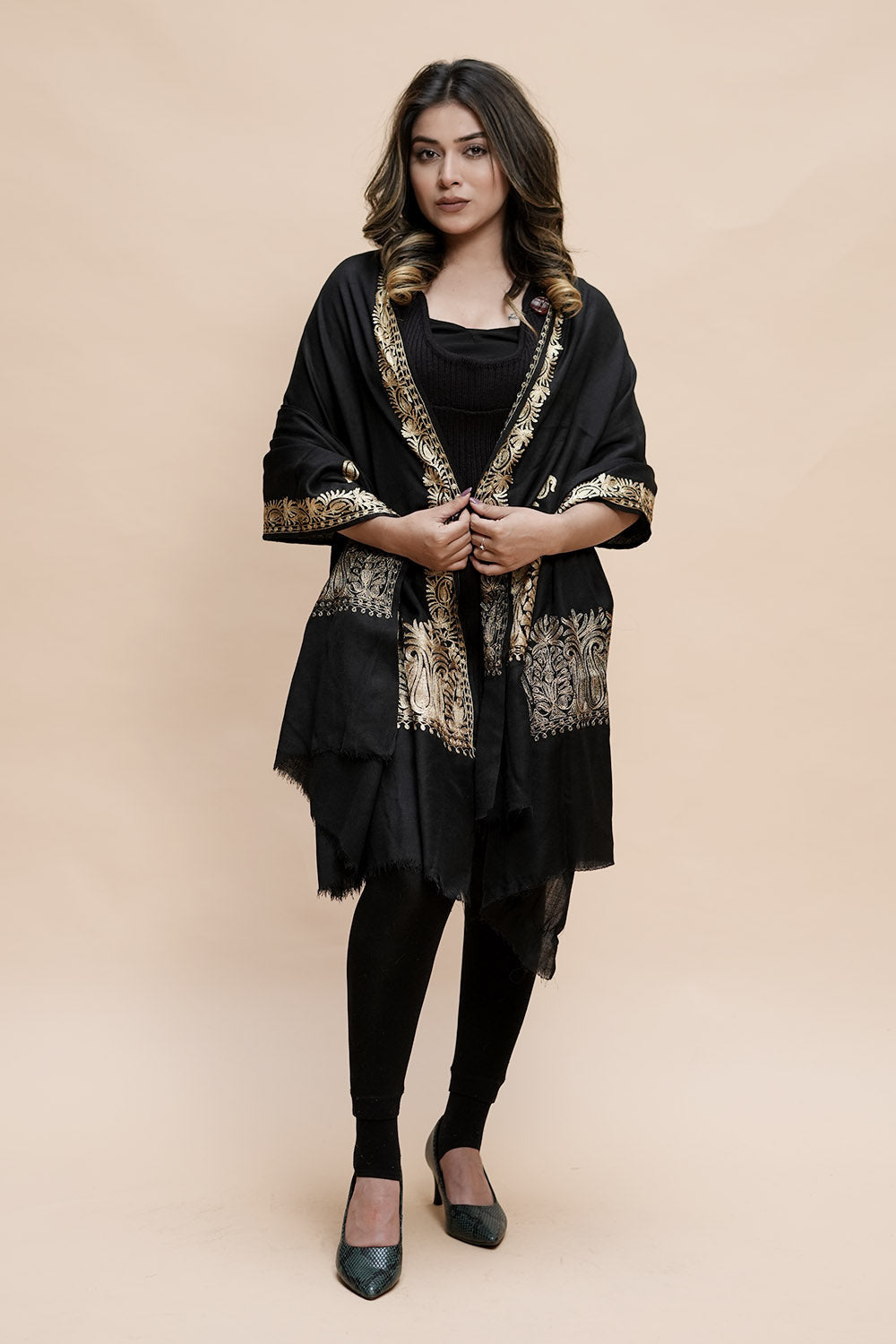Black Colour Semi Pashmina Shawl Enriched With Ethnic Heavy