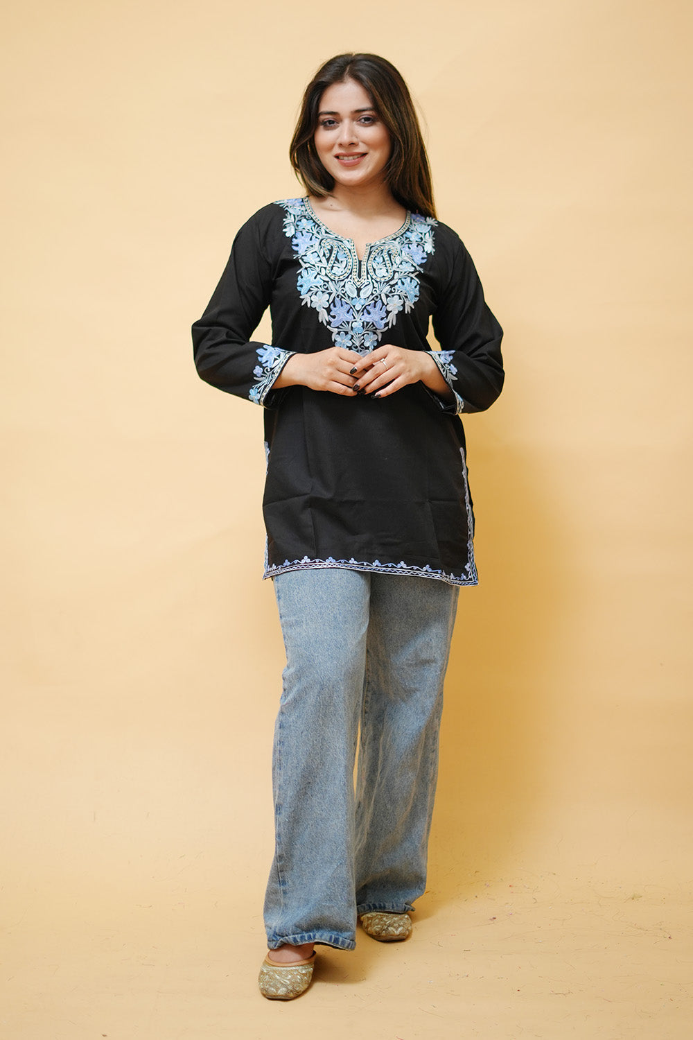 Black Cotton Aari Work Kurti With Multicoloured Neckline